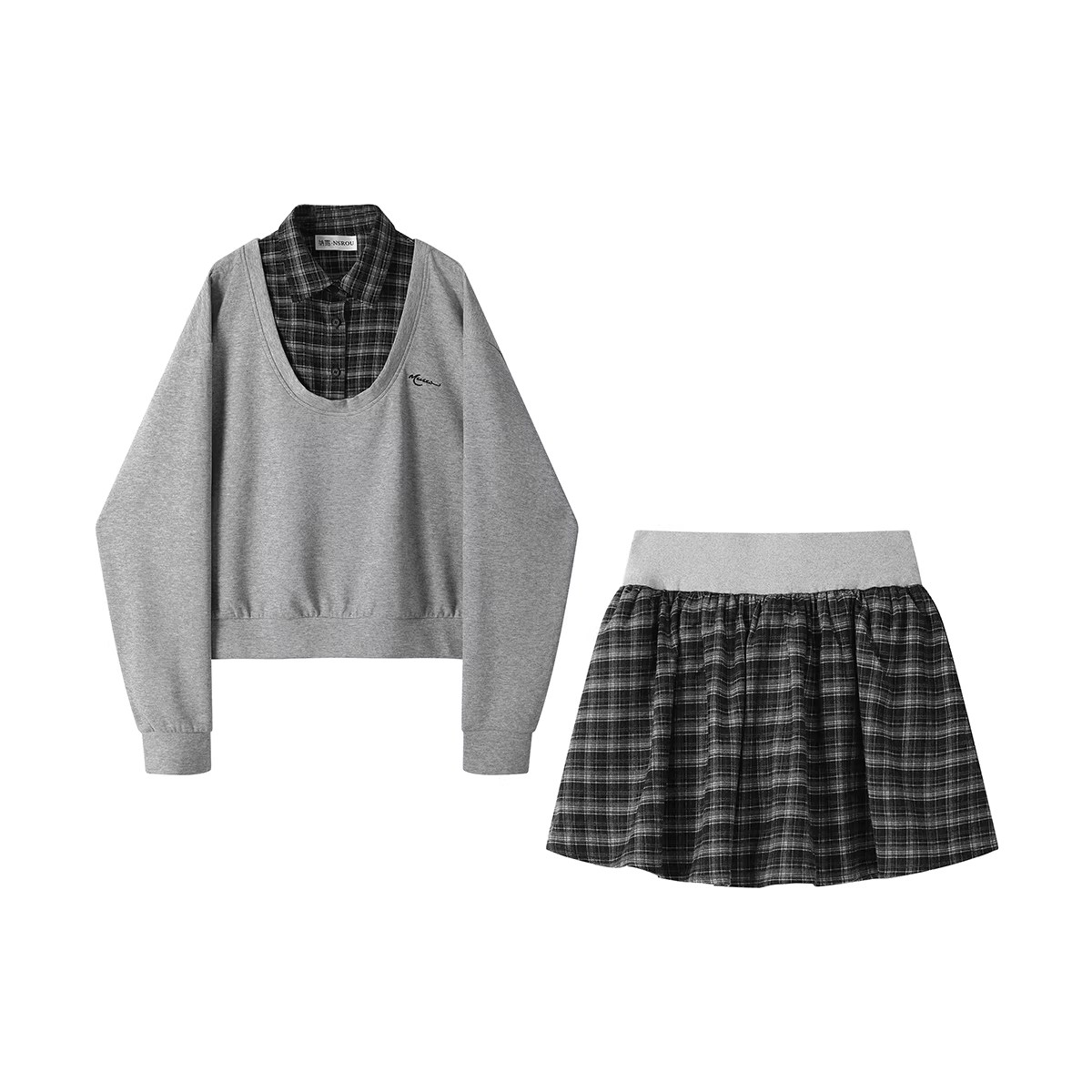 Bộ trang phục hai mảnh thời trang và trẻ trung của NSROU dành cho nữ, áo len chắp vá kẻ sọc và váy ngắn thích hợp cho mùa thu sớm