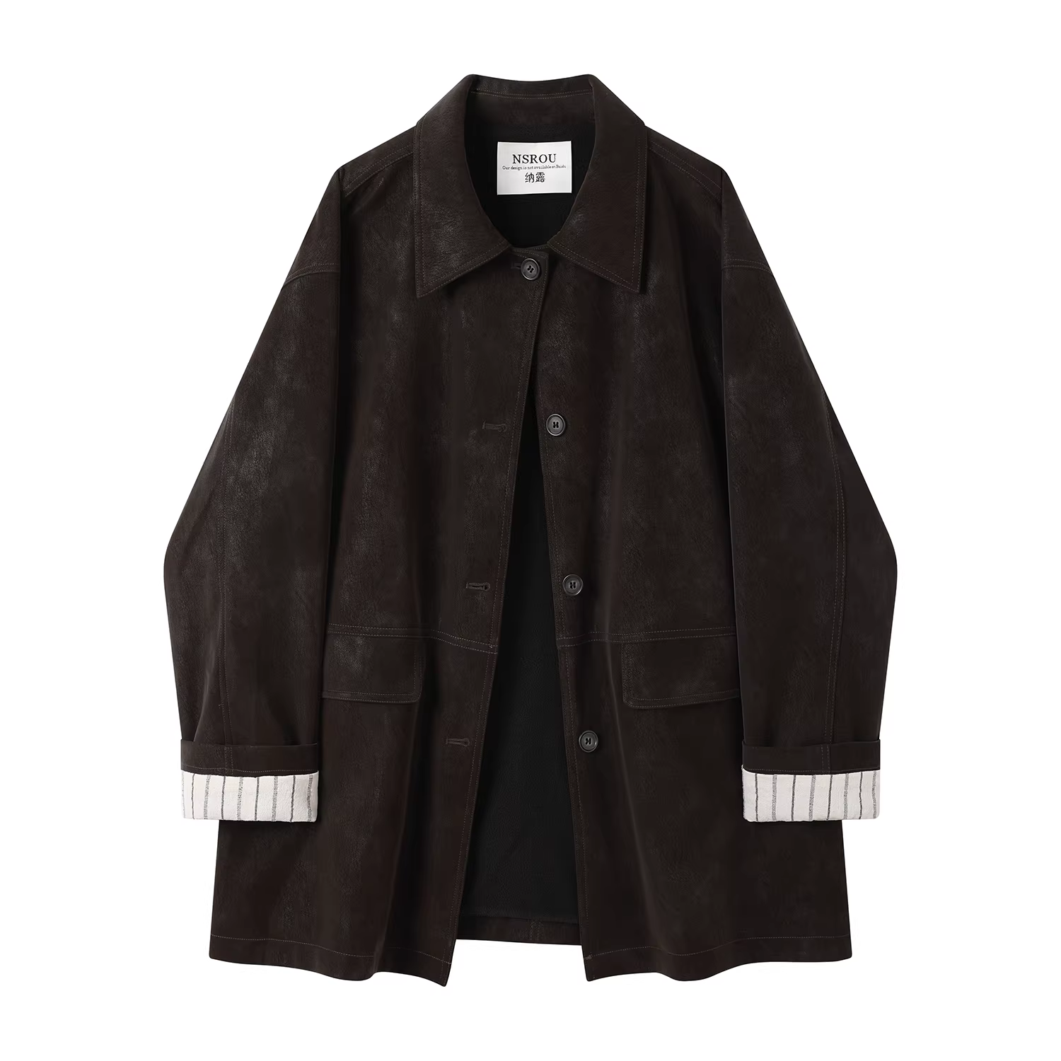 Áo khoác da màu nâu lót lông cừu kiểu retro Maillard dành cho nữ, mùa thu đông kiểu Mỹ, dáng dài trung bình, cổ trụ, rộng rãi, thanh lịch