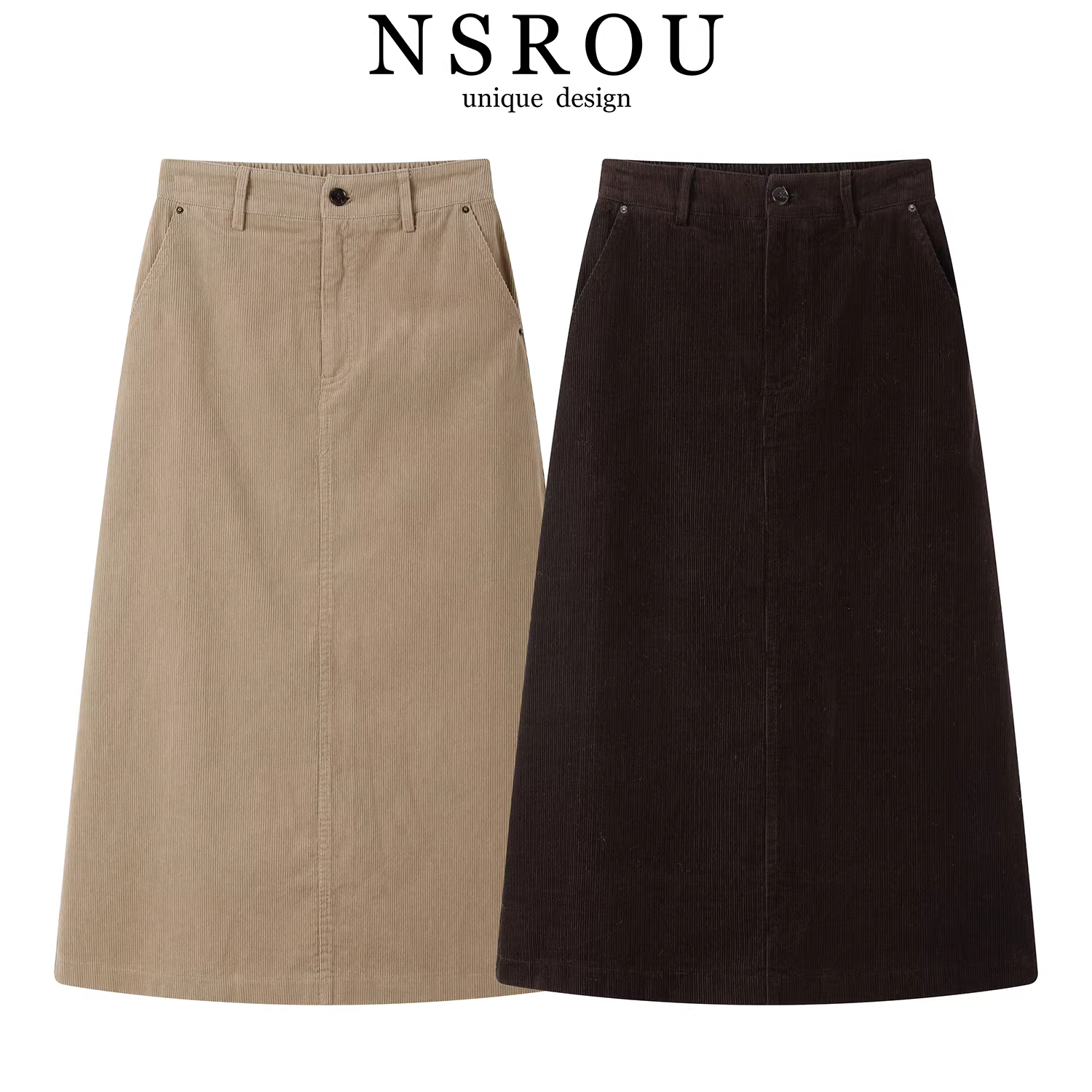 Váy nhung kẻ sọc kiểu dáng retro Maillard, thời trang công sở, mùa thu đông, nữ, dài trung bình, dáng rộng, kiểu chữ A, ôm hông