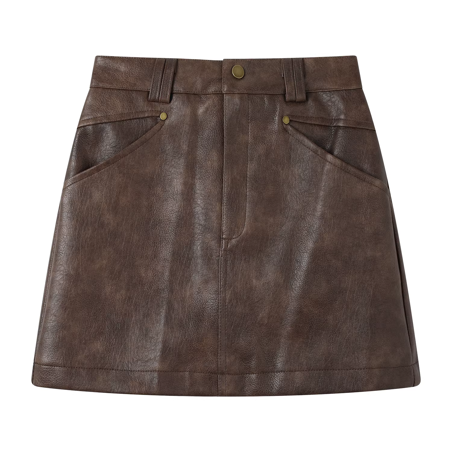 Váy da màu cà phê phong cách retro Mỹ, váy mini ôm sát dáng chữ A cạp cao tôn dáng cho nữ mùa thu.