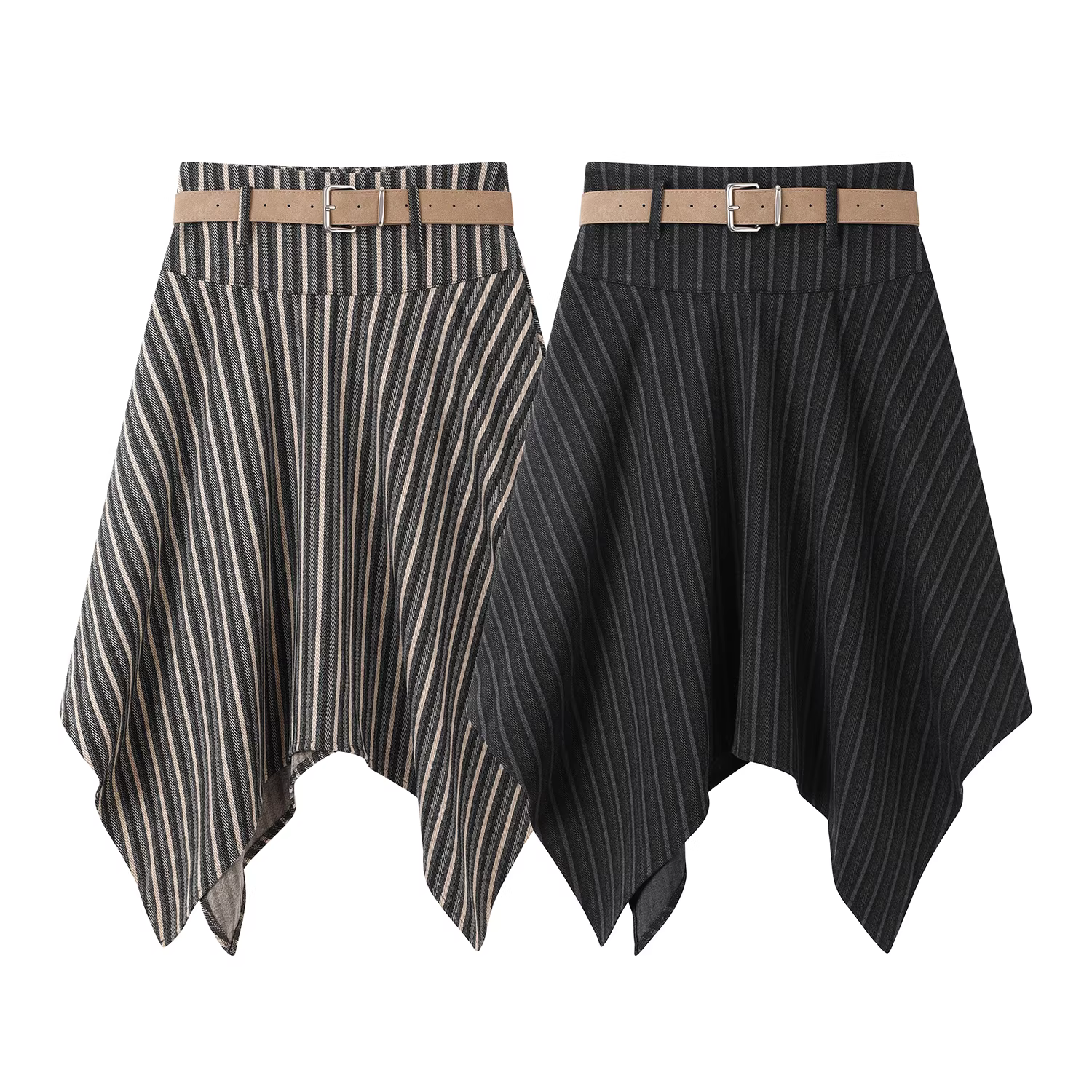 Váy sọc retro bất đối xứng dành cho nữ mùa thu, lưng cao, tạo dáng thon gọn, che hông, dài ngang đùi, kiểu dáng chữ A ôm hông thanh lịch