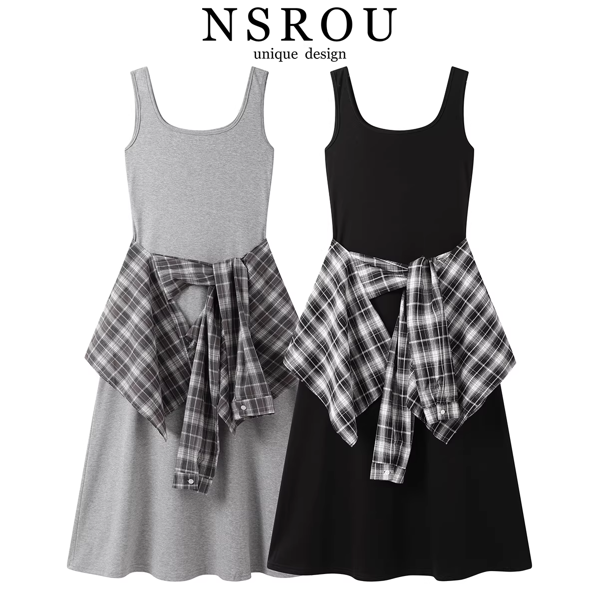 NSROU Váy vest giả hai mảnh kiểu cổ điển kiểu Pháp dành cho nữ, váy dài thanh lịch, ôm eo, tôn dáng mùa hè