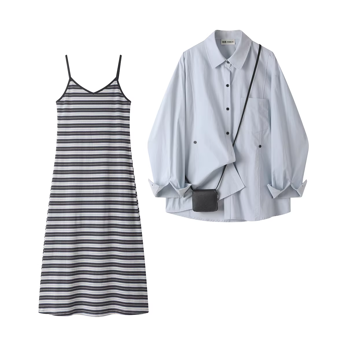 Áo sơ mi và váy yếm kiểu Hàn Quốc, trang phục phong cách mùa xuân, bộ đồ hoàn chỉnh dành cho nữ, bộ đồ hai mảnh hợp thời trang mùa thu và trẻ hóa