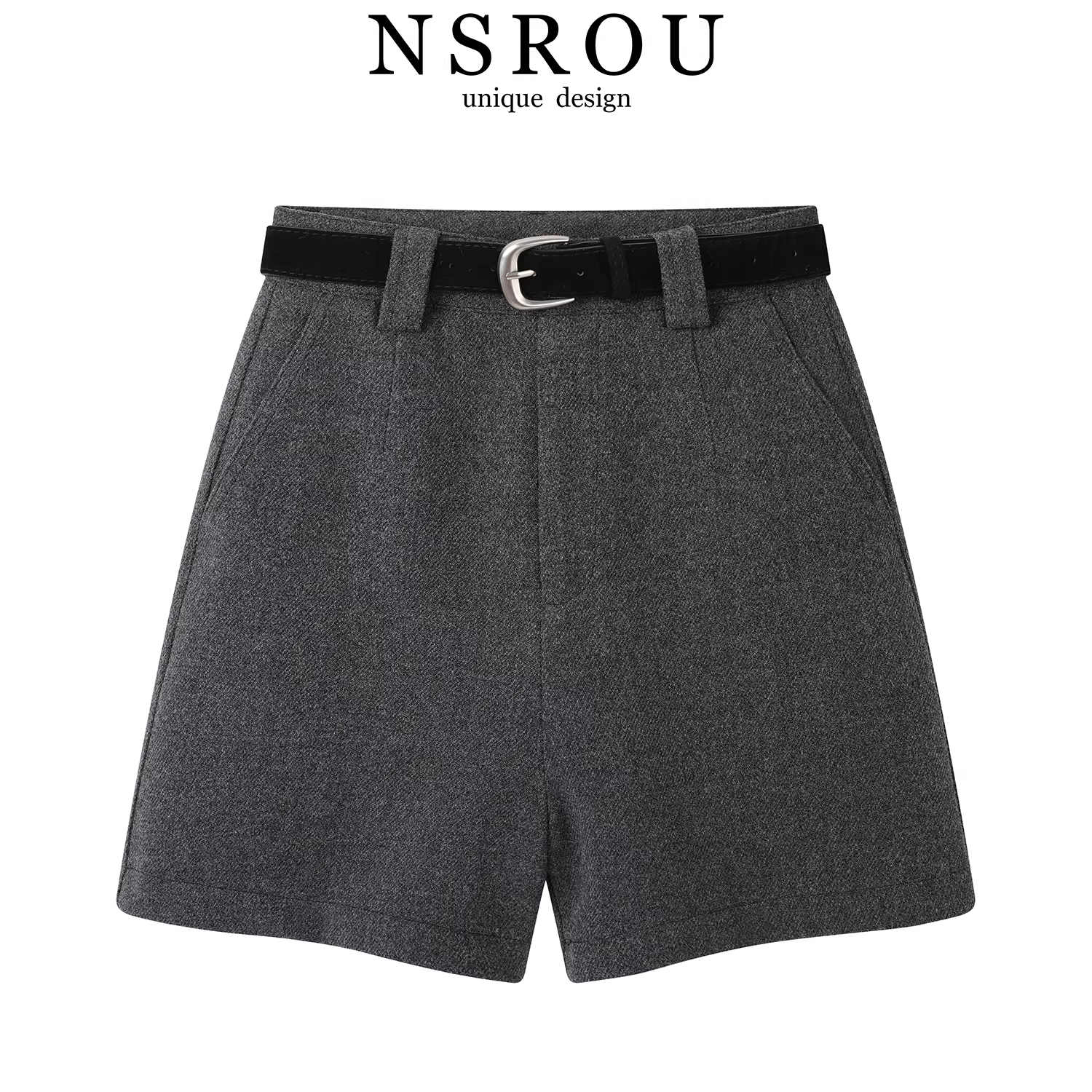 Quần short len ​​cổ điển màu xám dành cho nữ, quần ống loe cạp cao giảm béo mùa thu đông, quần ôm hông chữ A, quần dài đến đầu gối.