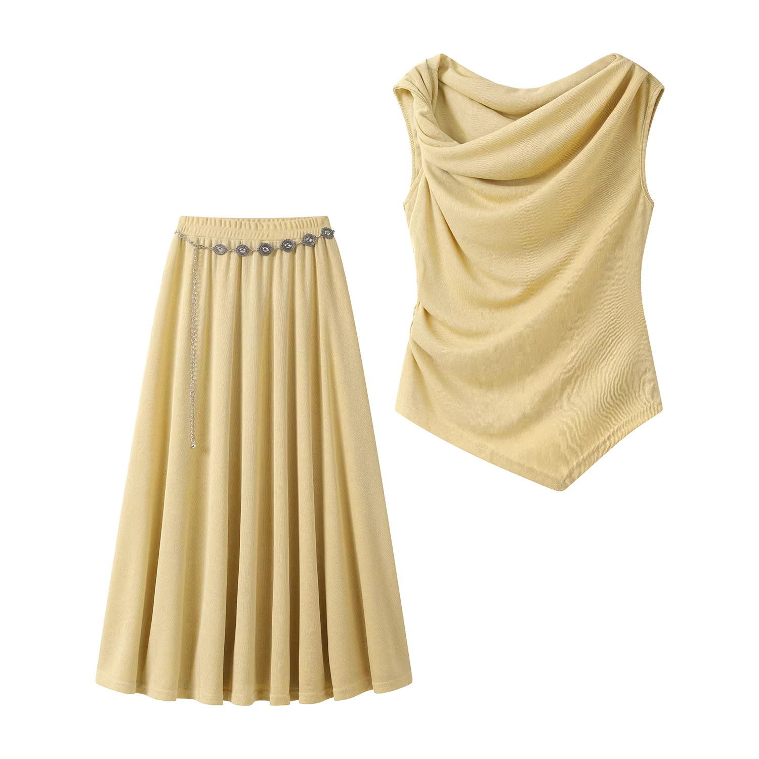 Bộ đồ nữ thời trang kiểu Pháp, áo hai dây mùa hè, chân váy ôm dáng cao eo, bộ hai mảnh