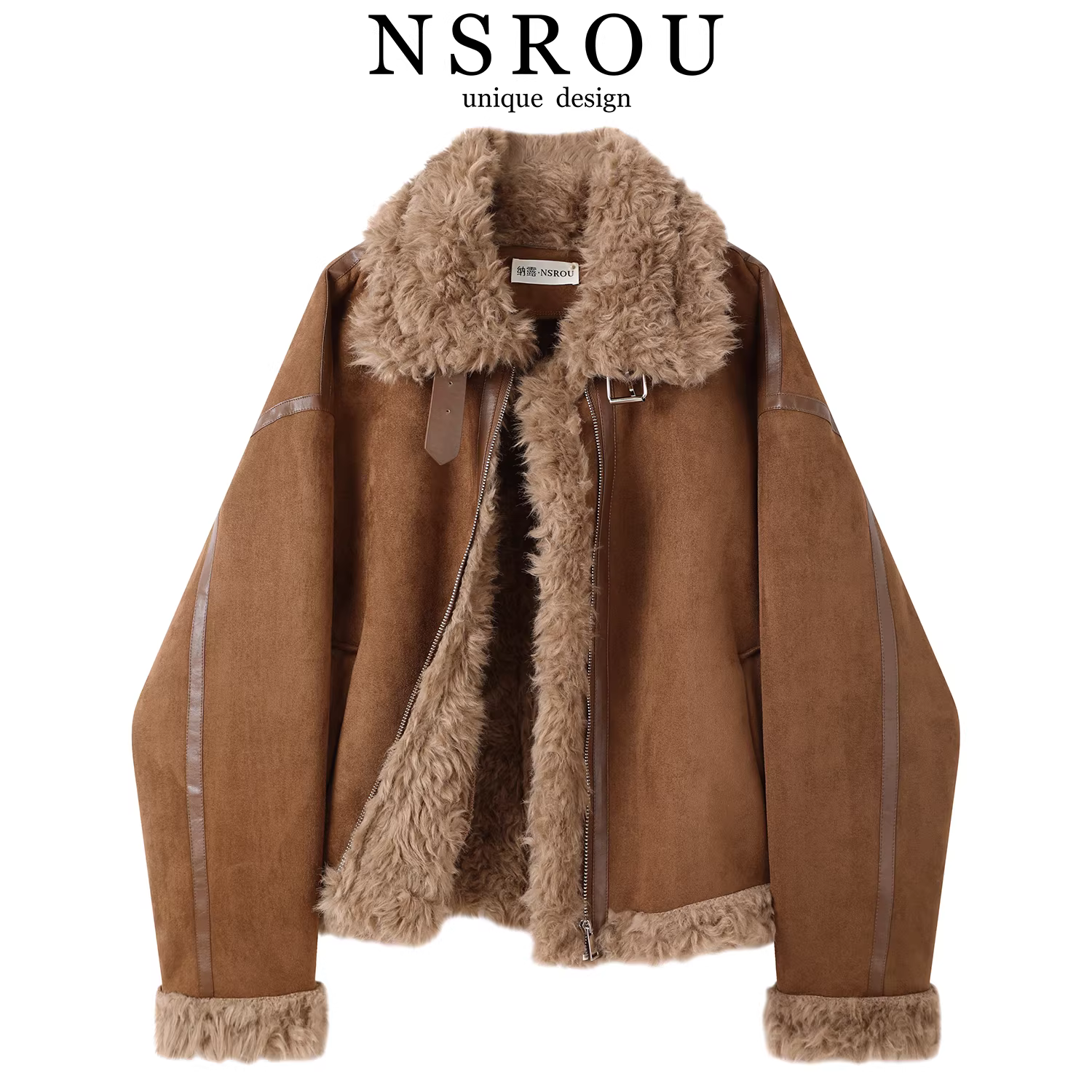 Áo khoác da lộn len cừu phong cách xe máy cổ điển dành cho nữ, áo khoác ngắn lông thú tích hợp mùa đông, áo ấm lót lông cừu