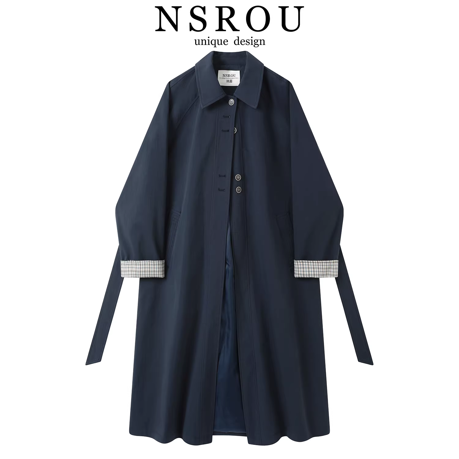 Áo khoác trench coat dáng dài trung bình kiểu Anh, họa tiết phối màu, cổ trụ dành cho nữ, mùa thu, cao cấp và siêu thời trang