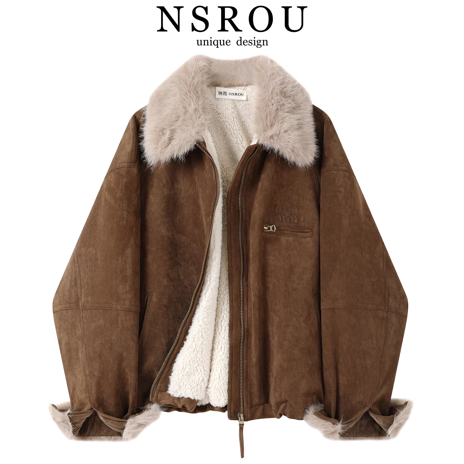 Áo khoác ngắn có cổ kiểu cổ điển Mỹ bằng da lộn, lót lông cừu, dành cho nữ, lót lông cừu mùa đông, kiểu áo khoác phi công