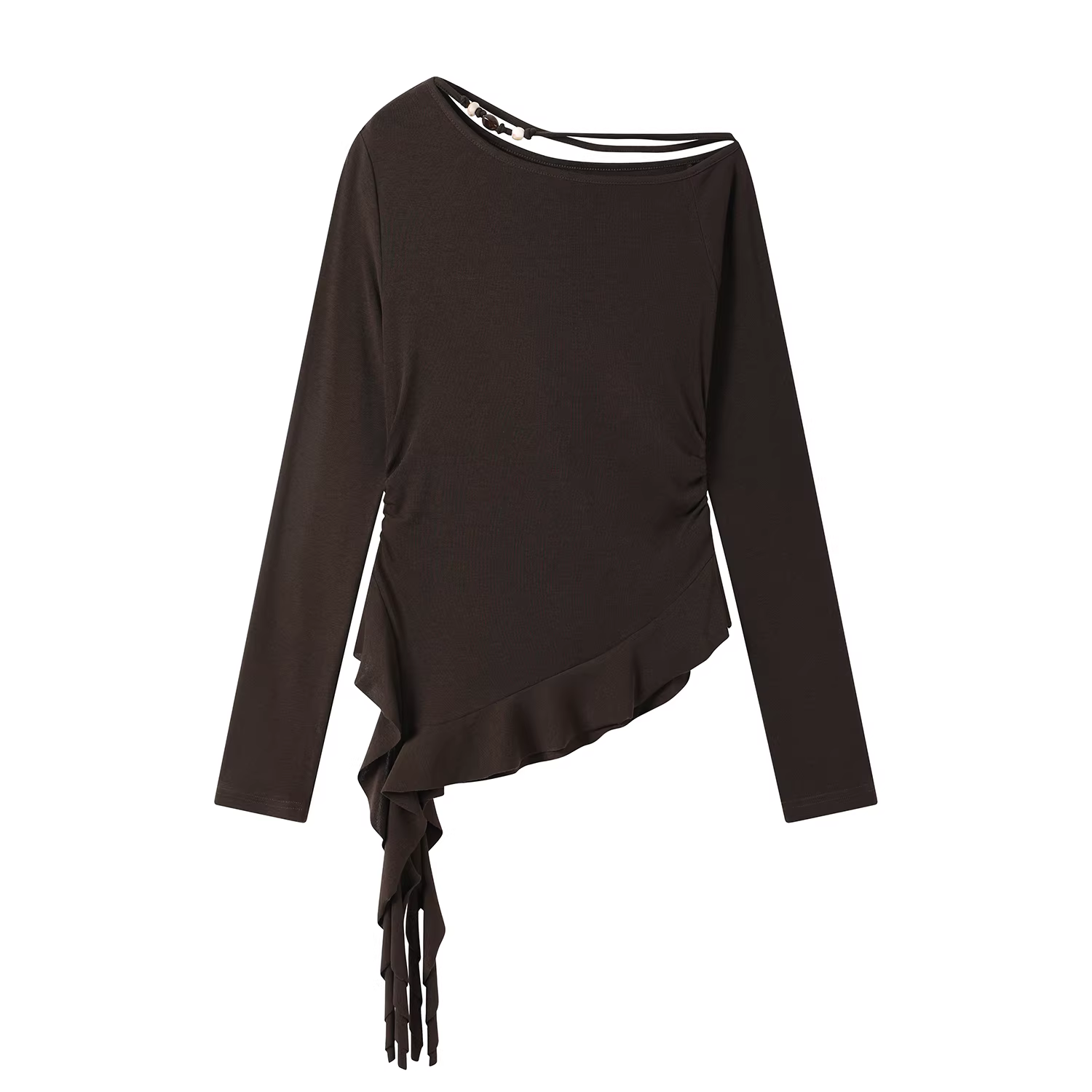 Áo thun dệt kim dài tay lệch vai kiểu Pháp dành cho nữ, áo trễ vai xếp nếp đầu thu