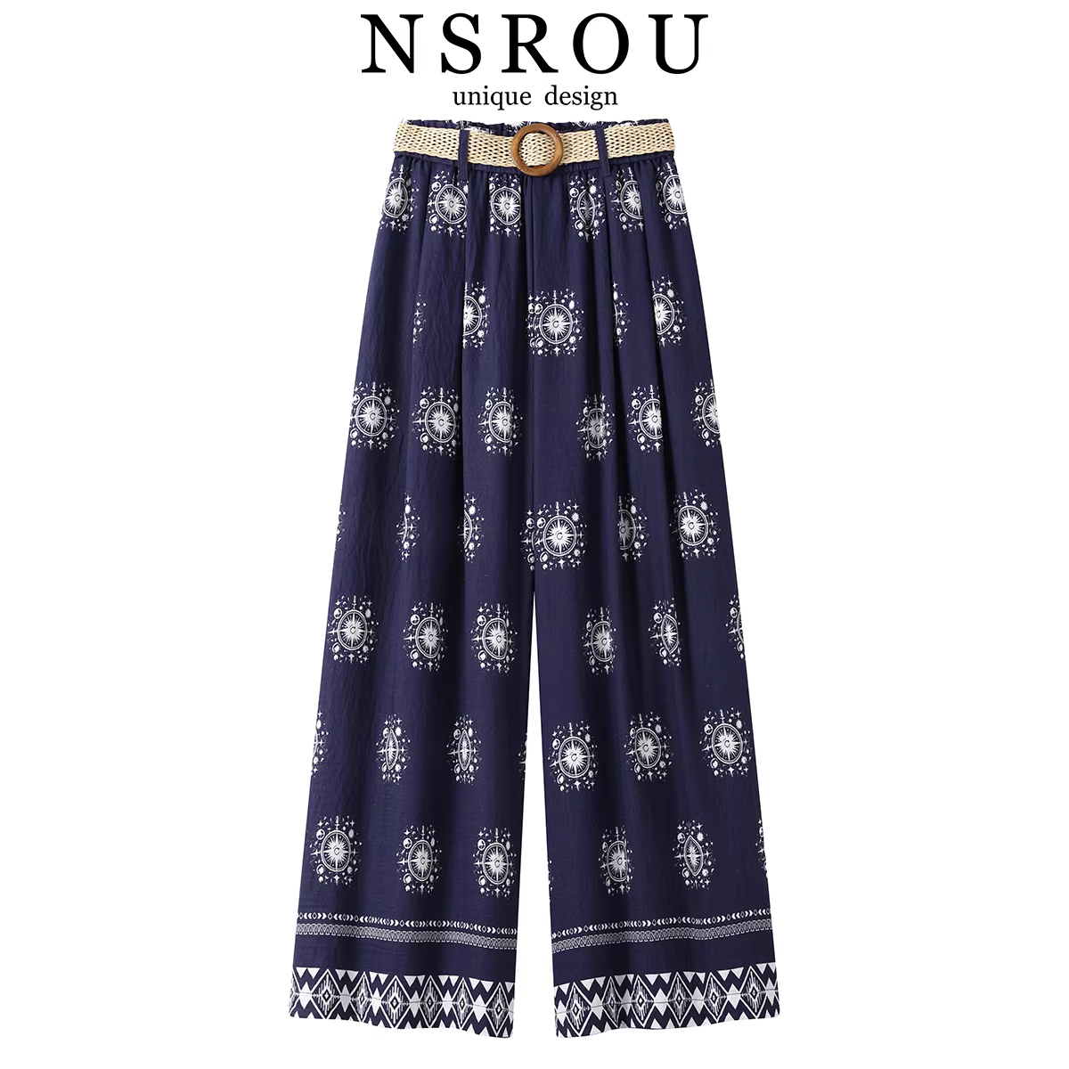 Quần ống rộng dáng rộng in họa tiết bohemian cổ điển dành cho nữ, thời trang mùa hè, quần ống rộng dáng rộng, quần ống rộng thông thường