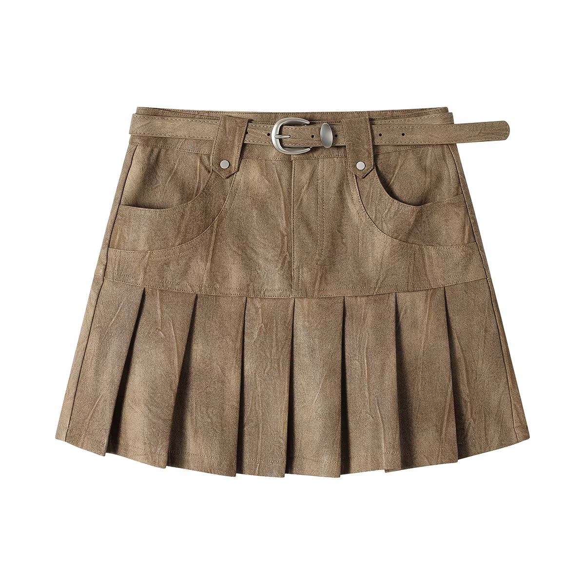 Váy da xếp ly eo cao kiểu cổ điển Mỹ dành cho nữ, váy ôm dáng nhỏ nhắn mùa xuân thu, váy ngắn chữ A.