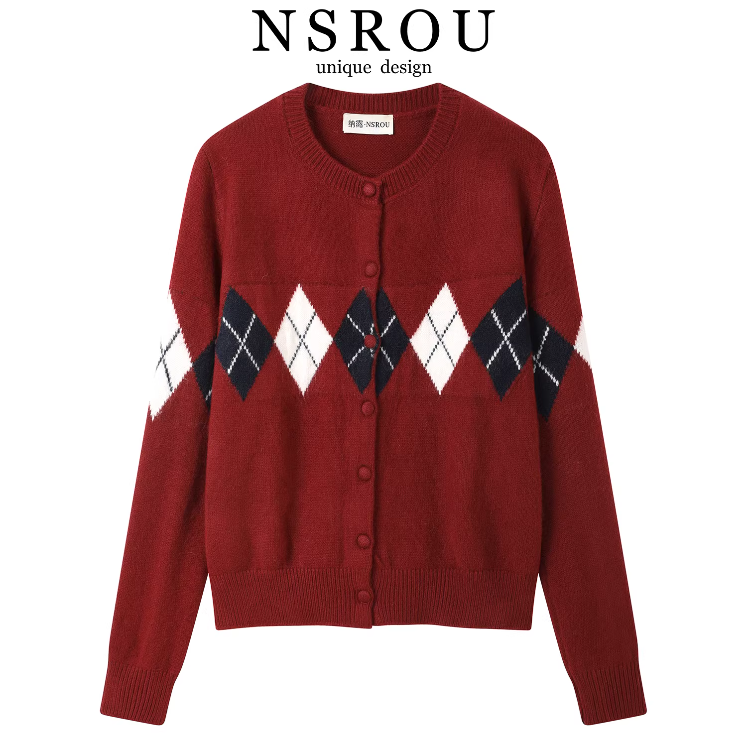 Áo khoác cardigan dệt kim hình kim cương mang bầu không khí cổ điển dành cho phụ nữ trong mùa thu đông Áo len cổ tròn màu đỏ đa năng giúp giảm tuổi tác