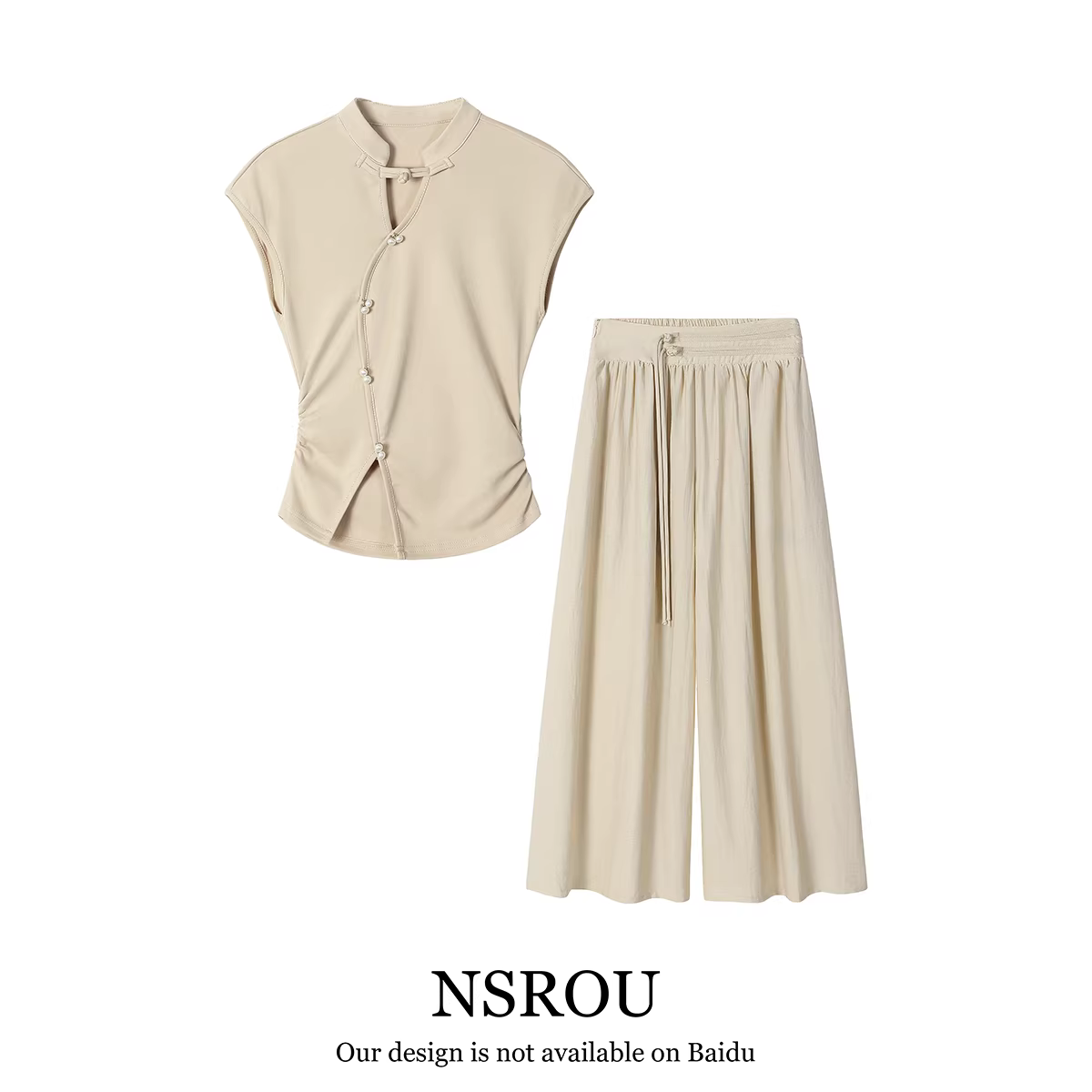 Bộ đồ hai mảnh phong cách Trung Hoa mới thời thượng và thanh lịch dành cho nữ với áo ngắn tay cài khuy và chân váy quần cạp cao tôn dáng cho mùa hè.