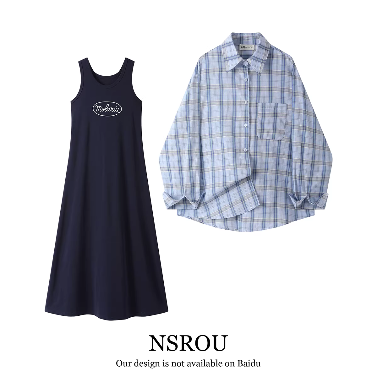 Bộ trang phục phong cách Hàn Quốc cao cấp, gồm áo sơ mi kẻ xanh và váy hai dây mùa hè dành cho nữ, bộ đồ hai mảnh phong cách preppy.