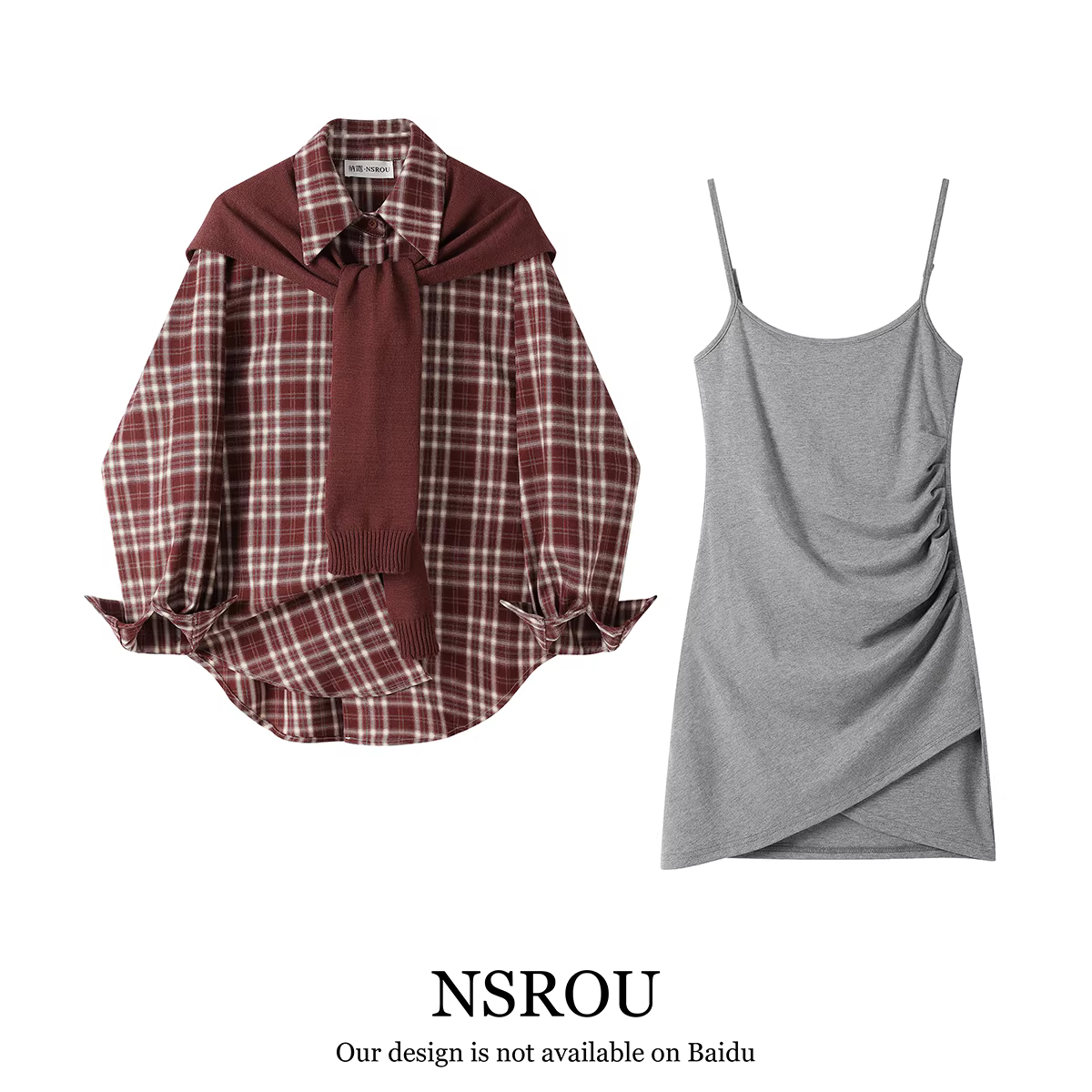 NSROU khăn choàng áo sơ mi kẻ sọc áo khoác trang phục cao cấp phù hợp với phụ nữ mùa thu váy treo áo hai dây bộ hai món