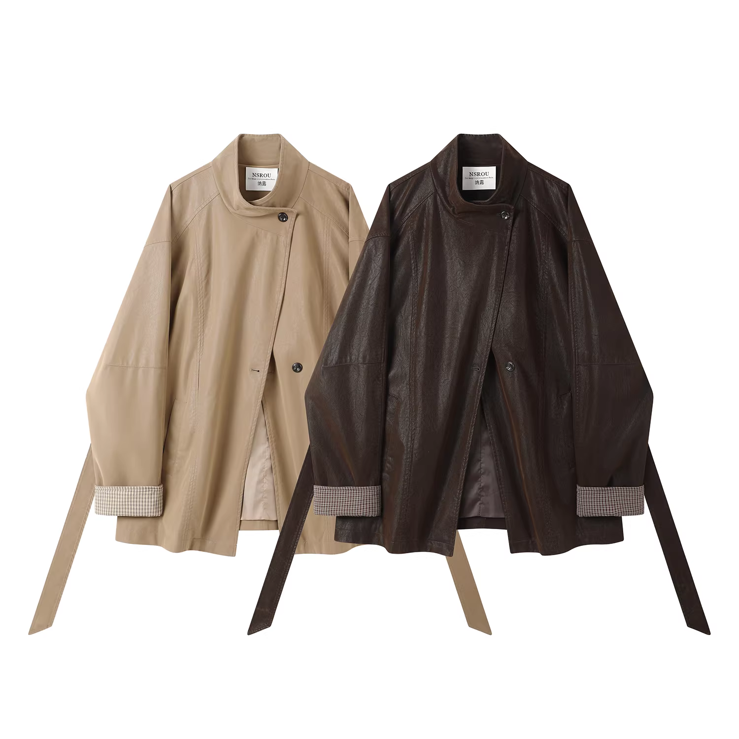 Áo khoác da cổ đứng màu cà phê Melard retro dành cho nữ, áo khoác chắp vá dài vừa phải phong cách cao cấp mùa thu đông
