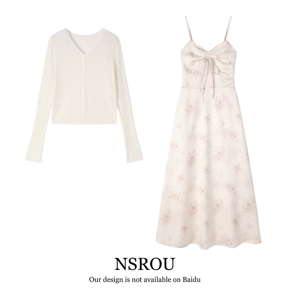 Váy dây hoa phong cách quốc gia nhẹ nhàng kiểu Pháp dành cho nữ, bộ áo cardigan váy dài chữ A cao cấp mùa xuân hè
