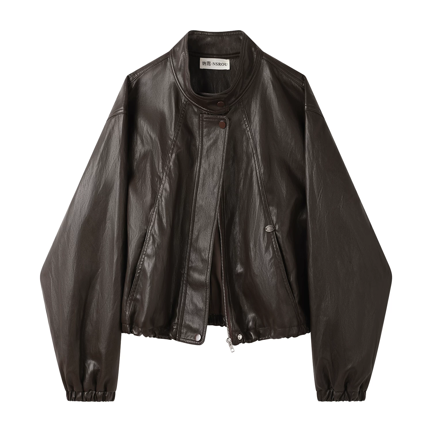 Áo khoác da ngắn cổ đứng kiểu retro dành cho nữ, thiết kế mới cho đầu mùa thu, phong cách Mỹ độc đáo, áo khoác màu nâu nhỏ nhắn