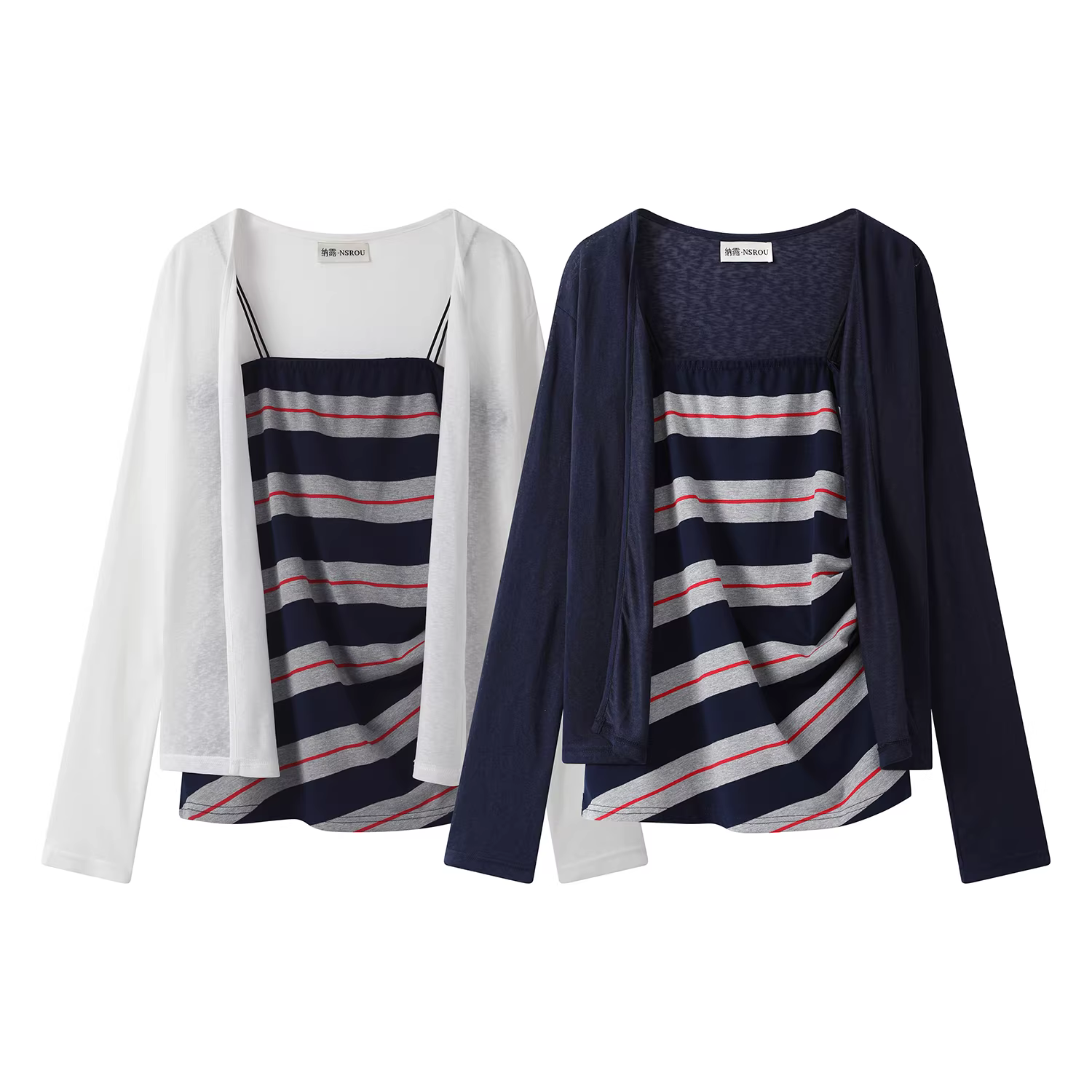 Phong cách sang trọng và trưởng thành kiểu Pháp, áo cardigan ngắn sọc ngắn dành cho nữ, bộ đồ hai mảnh chống nắng mùa hè.