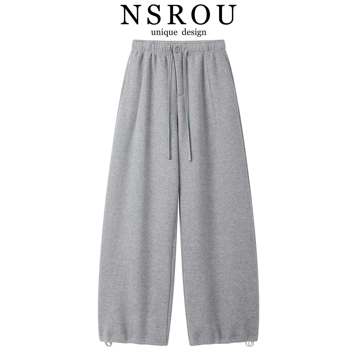 Quần ống rộng lót lông cừu đa năng để đi làm, quần dài màu xám dáng rộng dáng rộng mùa đông dành cho nữ, quần gạo nếp thường ngày