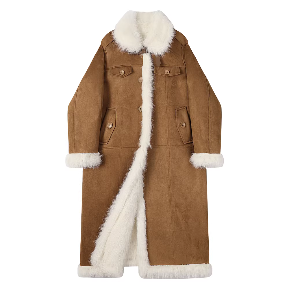 Áo khoác dày lót lông sang trọng và khí chất dành cho nữ, áo khoác cổ đứng dài trung bình mới mùa thu đông 2025.