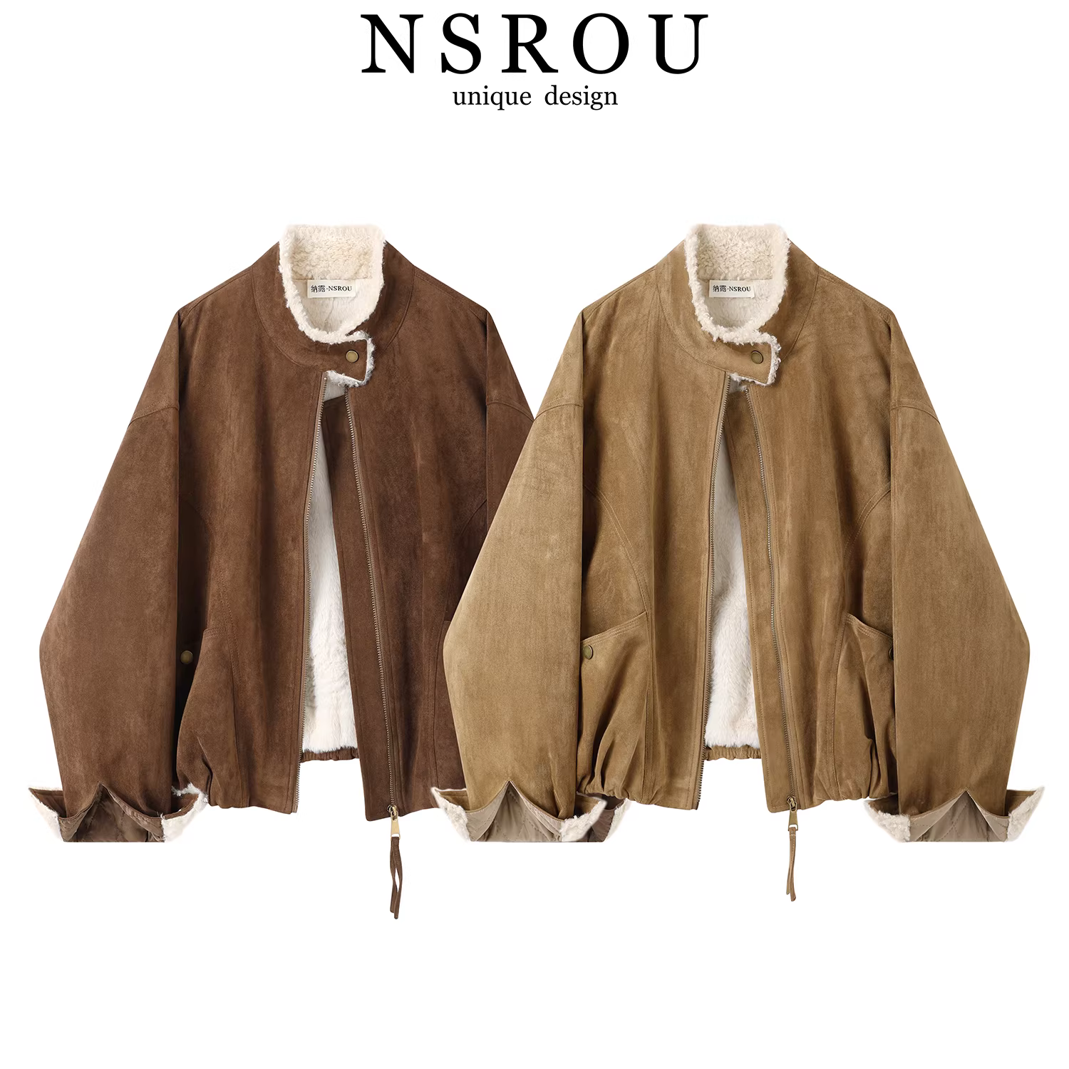 Áo khoác da lộn dày màu nâu cổ điển kiểu Mỹ dành cho nữ, kiểu dáng ngắn cổ đứng mới, áo khoác biker mùa thu đông