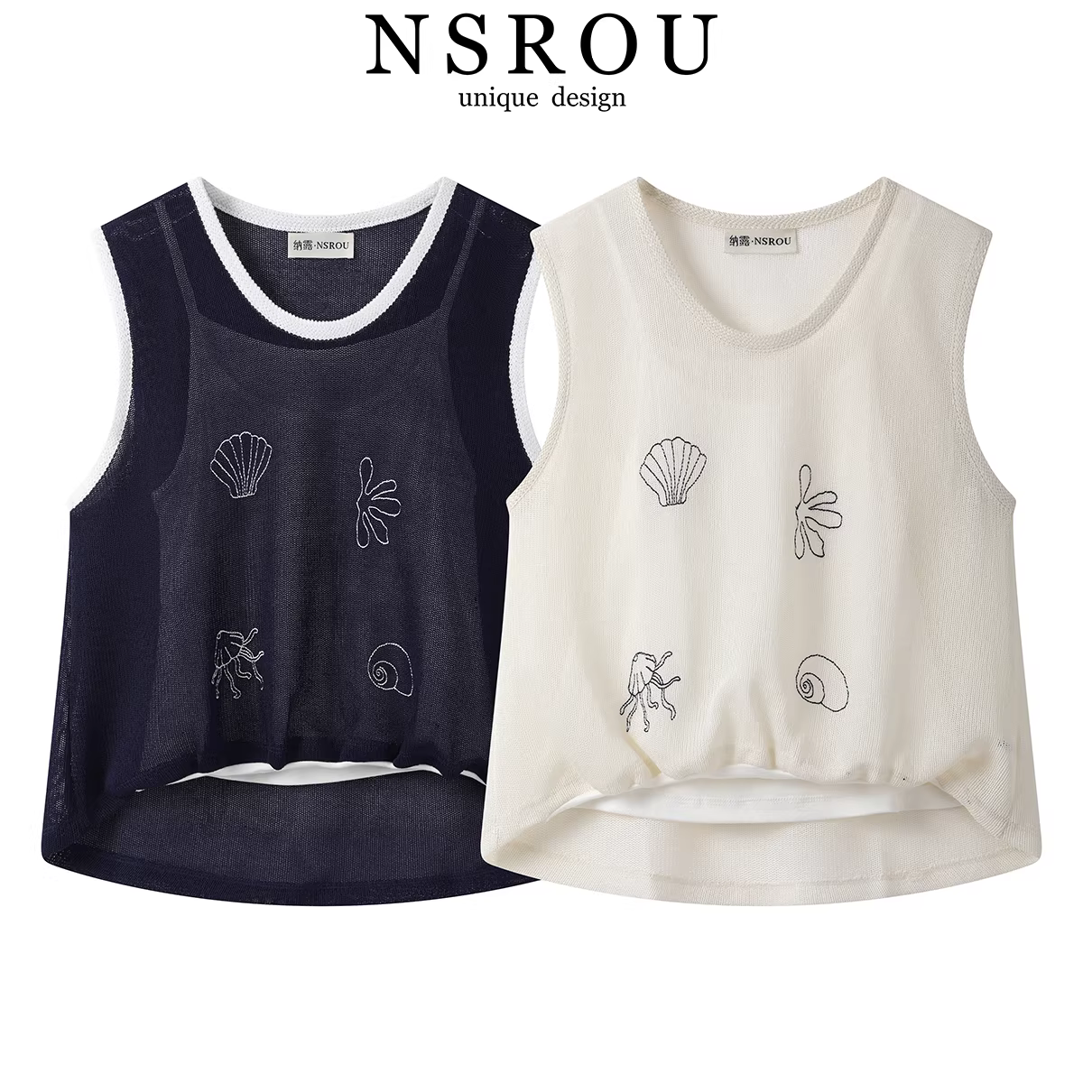 Áo ba lỗ cổ tròn không tay thêu giả hai mảnh thanh lịch phong cách Hàn Quốc dành cho nữ, áo yếm ngắn khoét lỗ mùa hè mới.