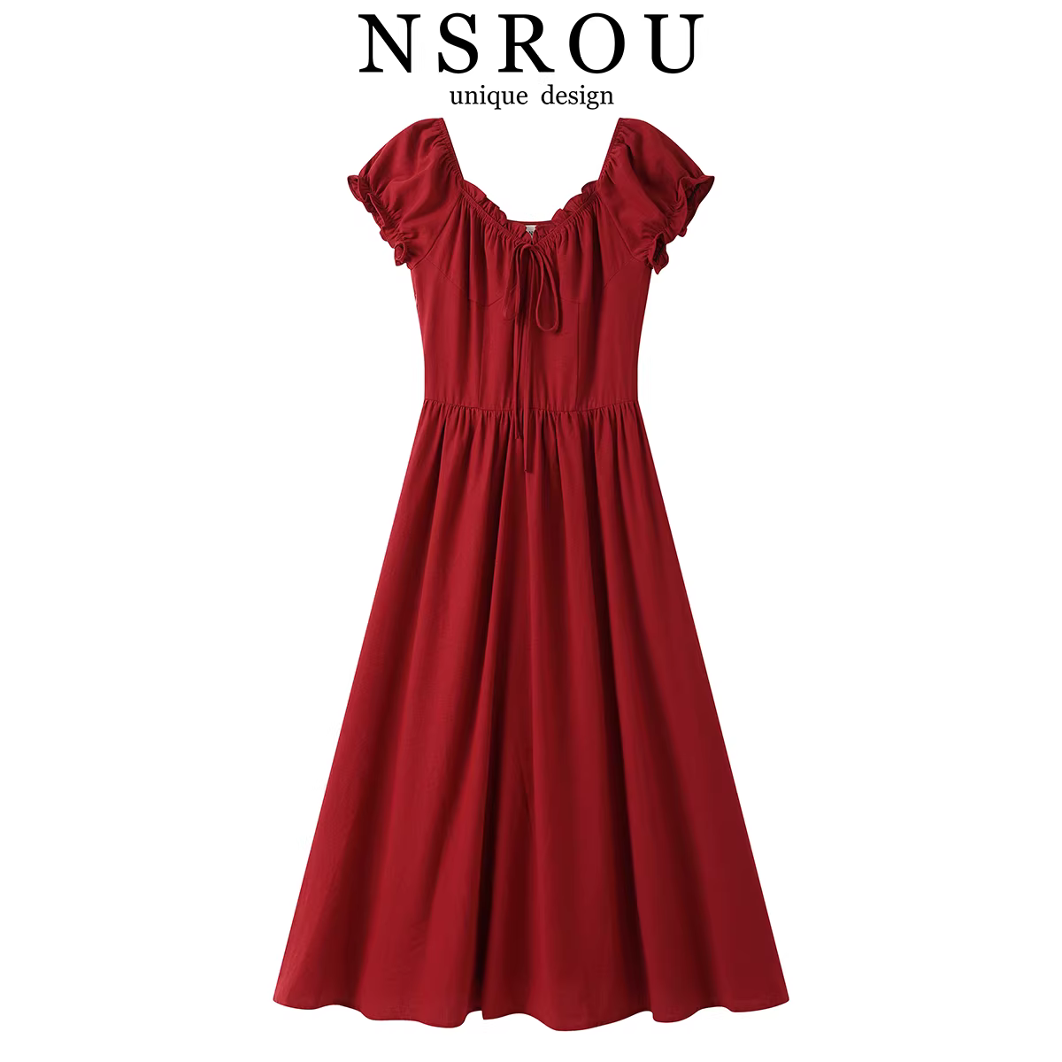 Đầm đỏ kiểu Pháp thanh lịch, ôm eo, tôn dáng dành cho nữ, mẫu hè mới với tay bồng tuyệt đẹp và cổ chữ V dài.