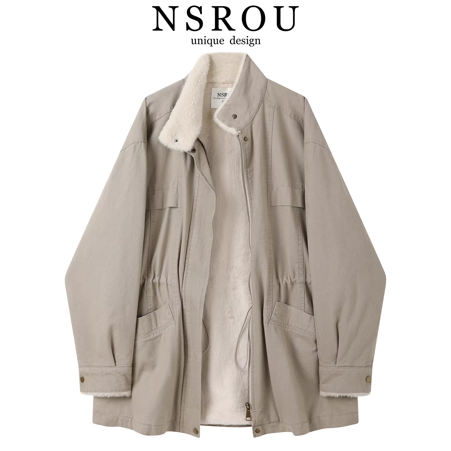 Áo khoác len cừu cổ đứng kiểu dáng công sở dành cho nữ, áo khoác dài vừa phải, dáng rộng, chất liệu lông cừu, mặc mùa thu đông