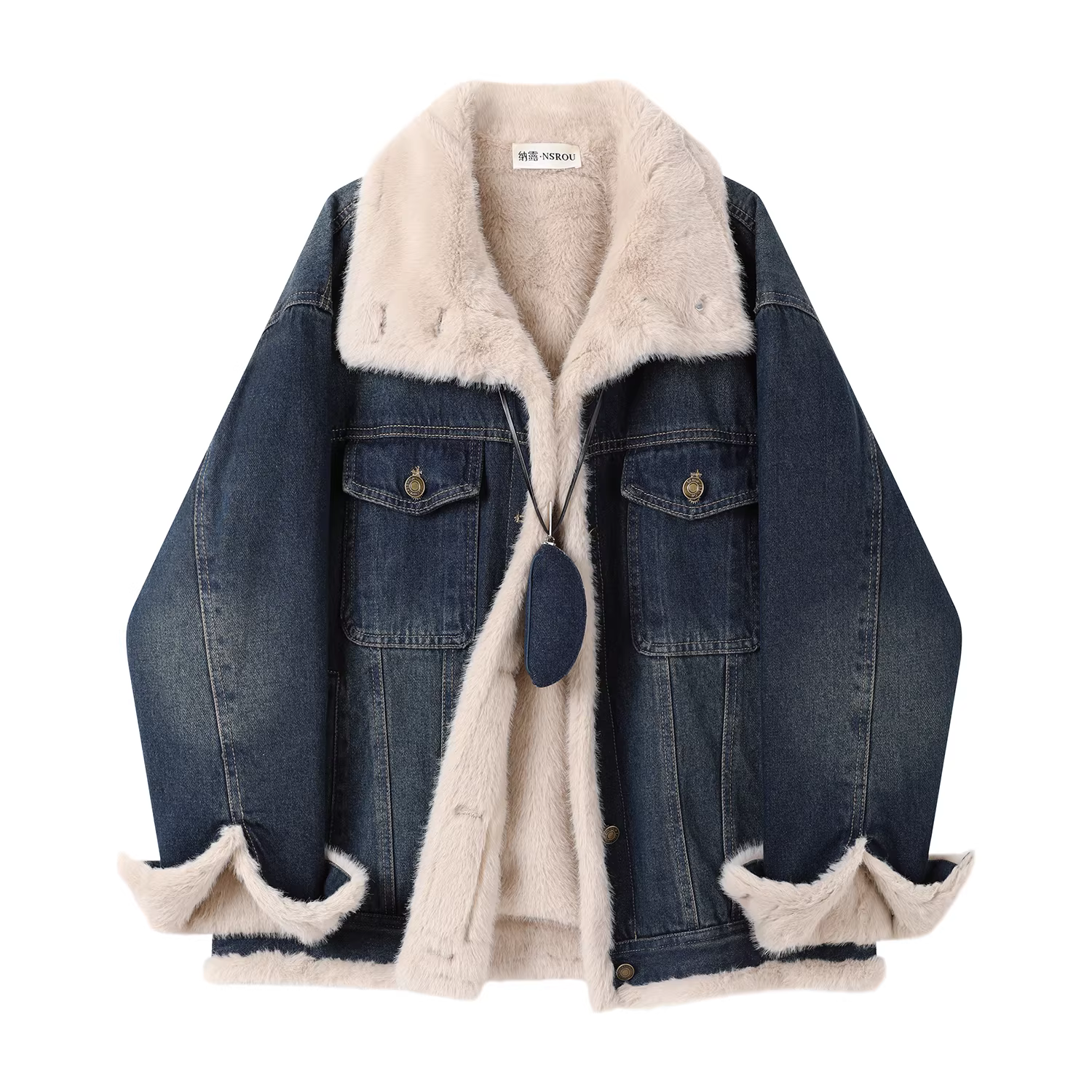 Áo khoác denim dày lót lông phong cách cổ điển Hồng Kông dành cho nữ, áo khoác cổ lông lông thú đa năng sang trọng mùa đông cao cấp, áo khoác cotton