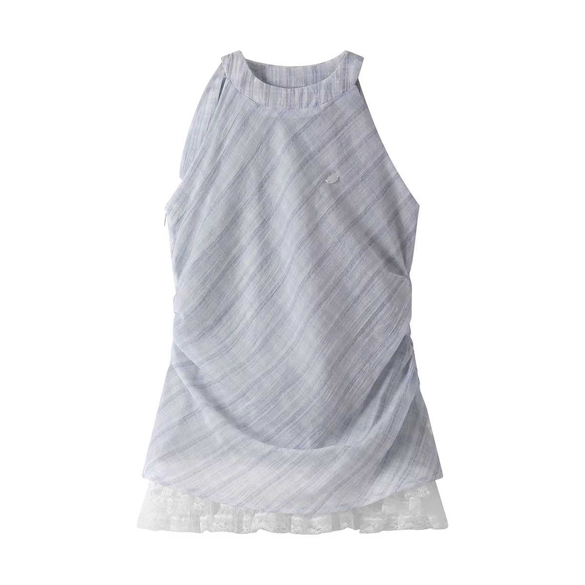 Váy ngắn kiểu Pháp, thiết kế độc đáo, không tay, cổ halter, phối ren, dáng chữ A, dành cho nữ, kiểu dáng ôm sát, mùa hè.