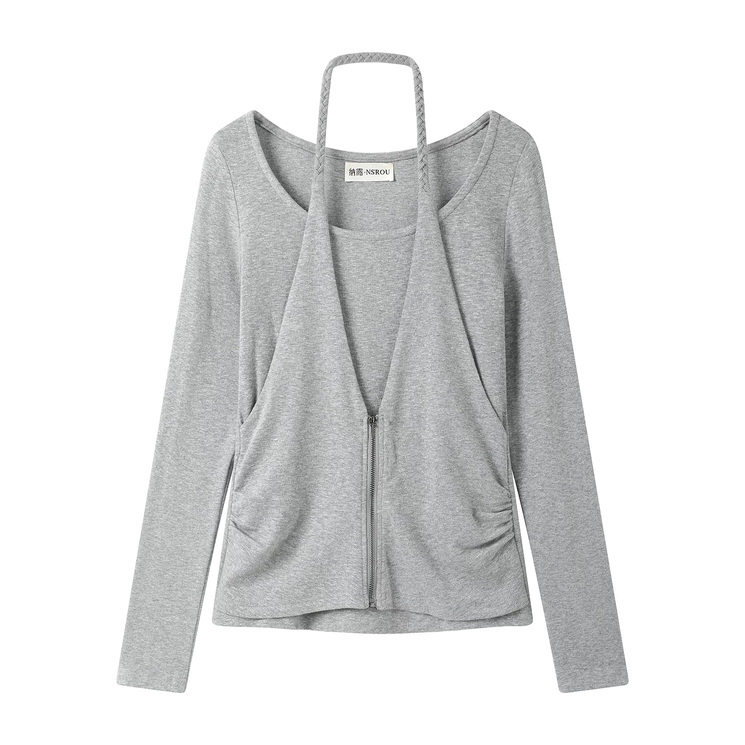 Áo thun dệt kim cổ yếm giả hai mảnh phối màu phong cách mới đầu thu dành cho nữ, áo dài tay ôm dáng đa năng cổ điển