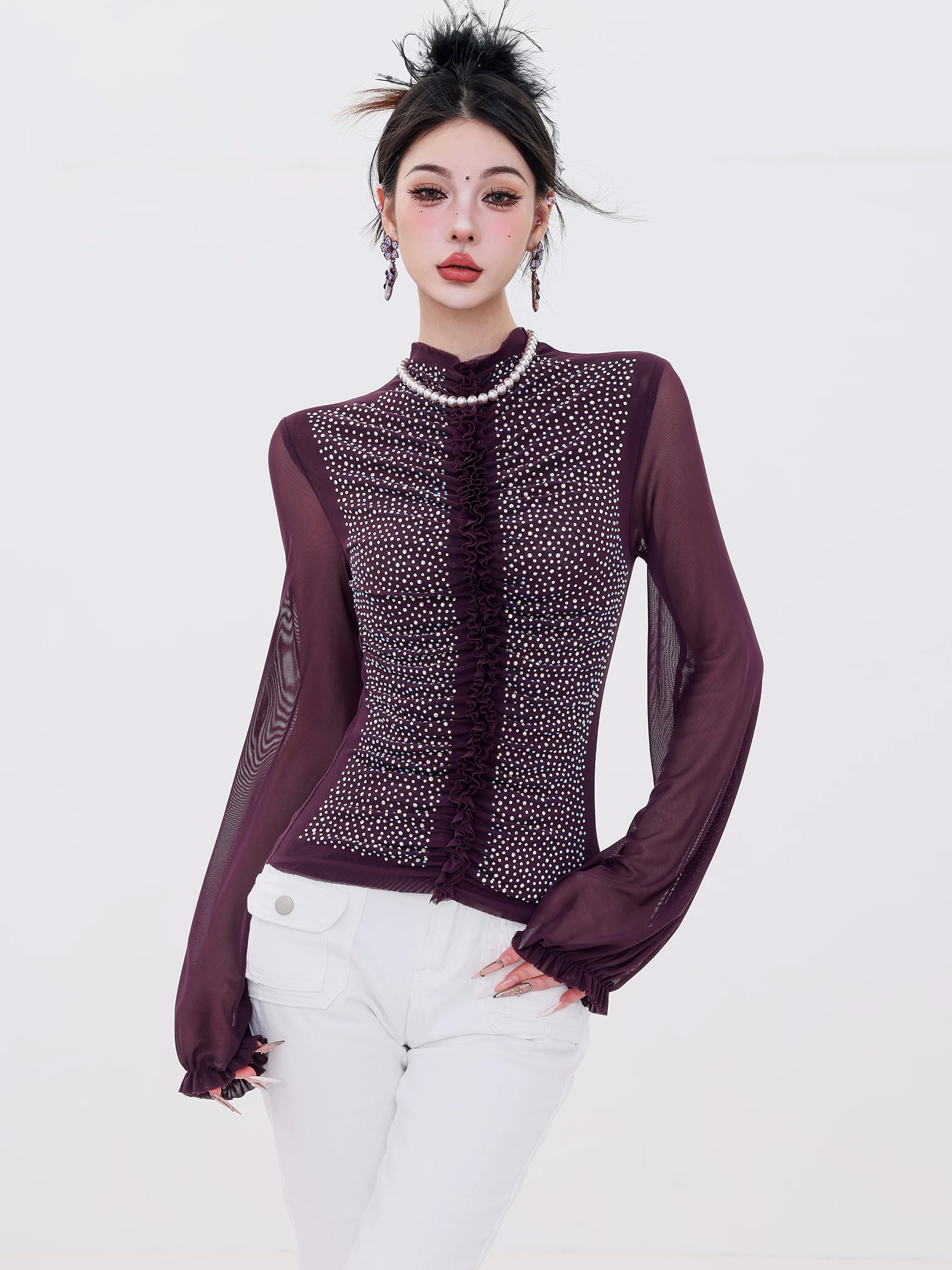 ABWLR Vàng lấp lánh - Áo sơ mi ren dáng ôm nữ tay dài phối lưới đính đá sang trọng nhẹ nhàng nguyên bản
