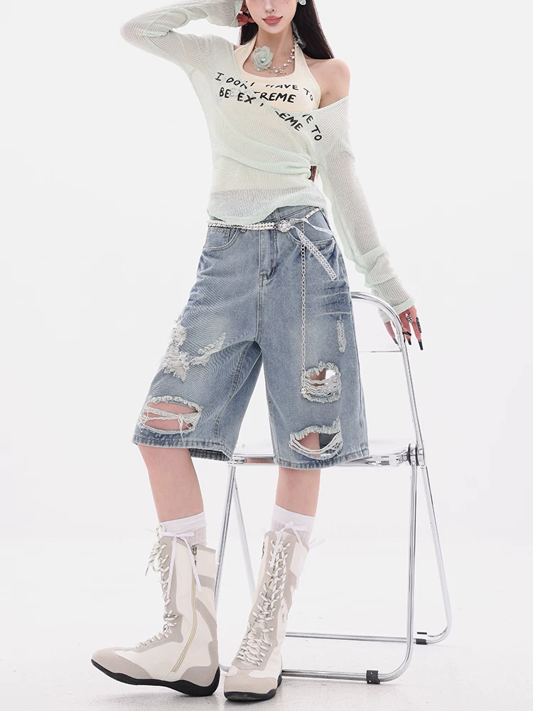 ABWEAR Tropical Highway-Original Summer retro Blue Ripped Jeans Quần short dáng rộng mới dành cho nữ năm 2025