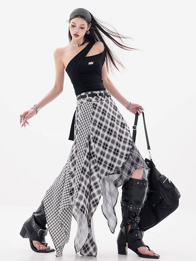 ABWEAR Wind-blown Half-Summer - Váy ba mảnh kẻ sọc đen trắng nguyên bản dành cho nữ với thiết kế bất đối xứng và váy dài cạp cao