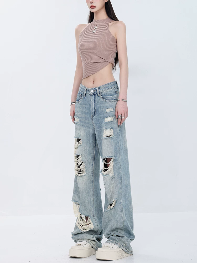ABWEAR mùa hè mới phong cách đường phố Mỹ quần jean rách màu xanh đã giặt dành cho nữ, quần ống rộng dáng rộng, dáng rộng, giảm béo