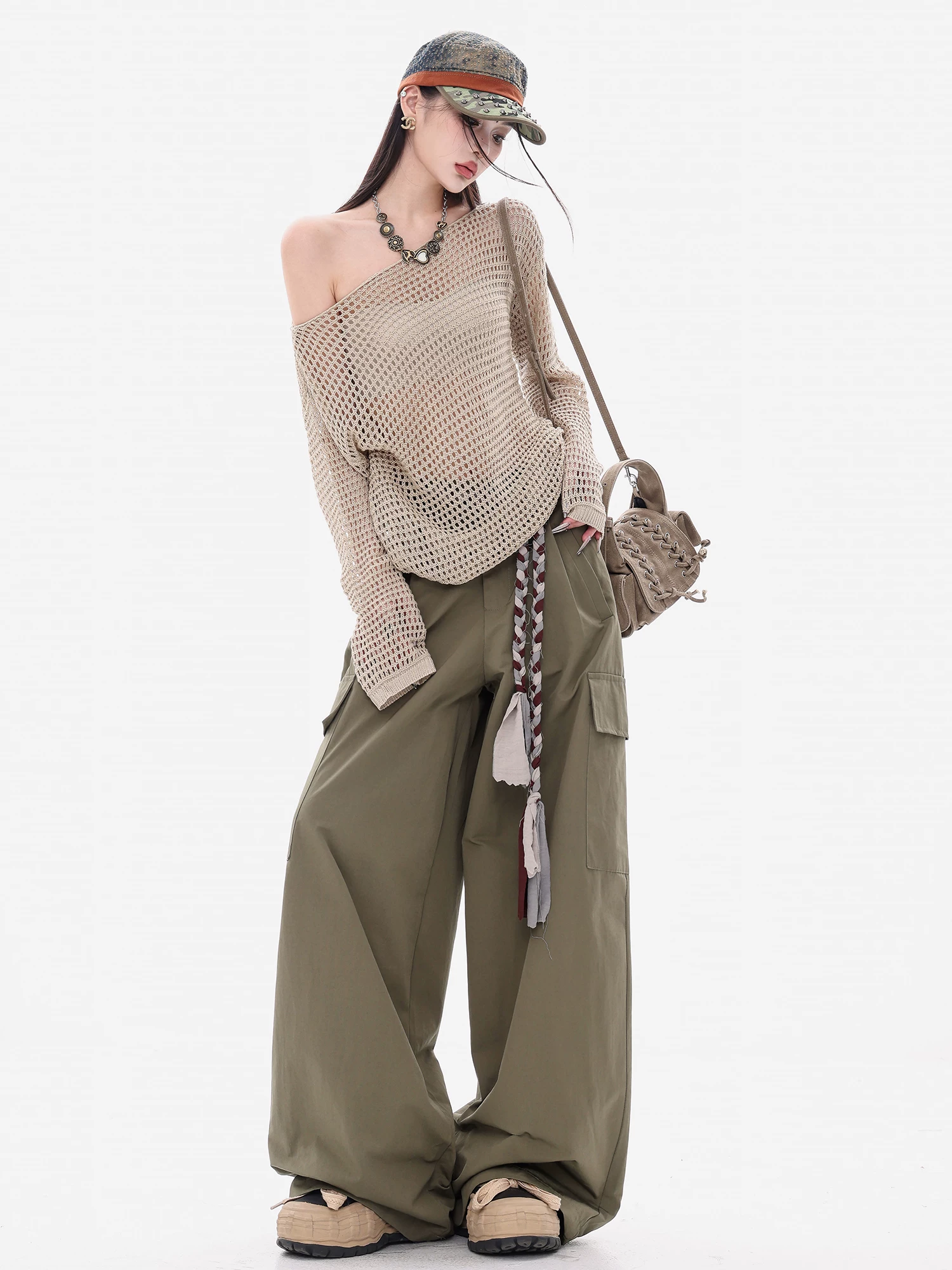 ABWEAR Ivy Love - Quần cargo màu xanh quân đội dáng rộng thoải mái dành cho nữ, dáng rộng, thoải mái, đa năng