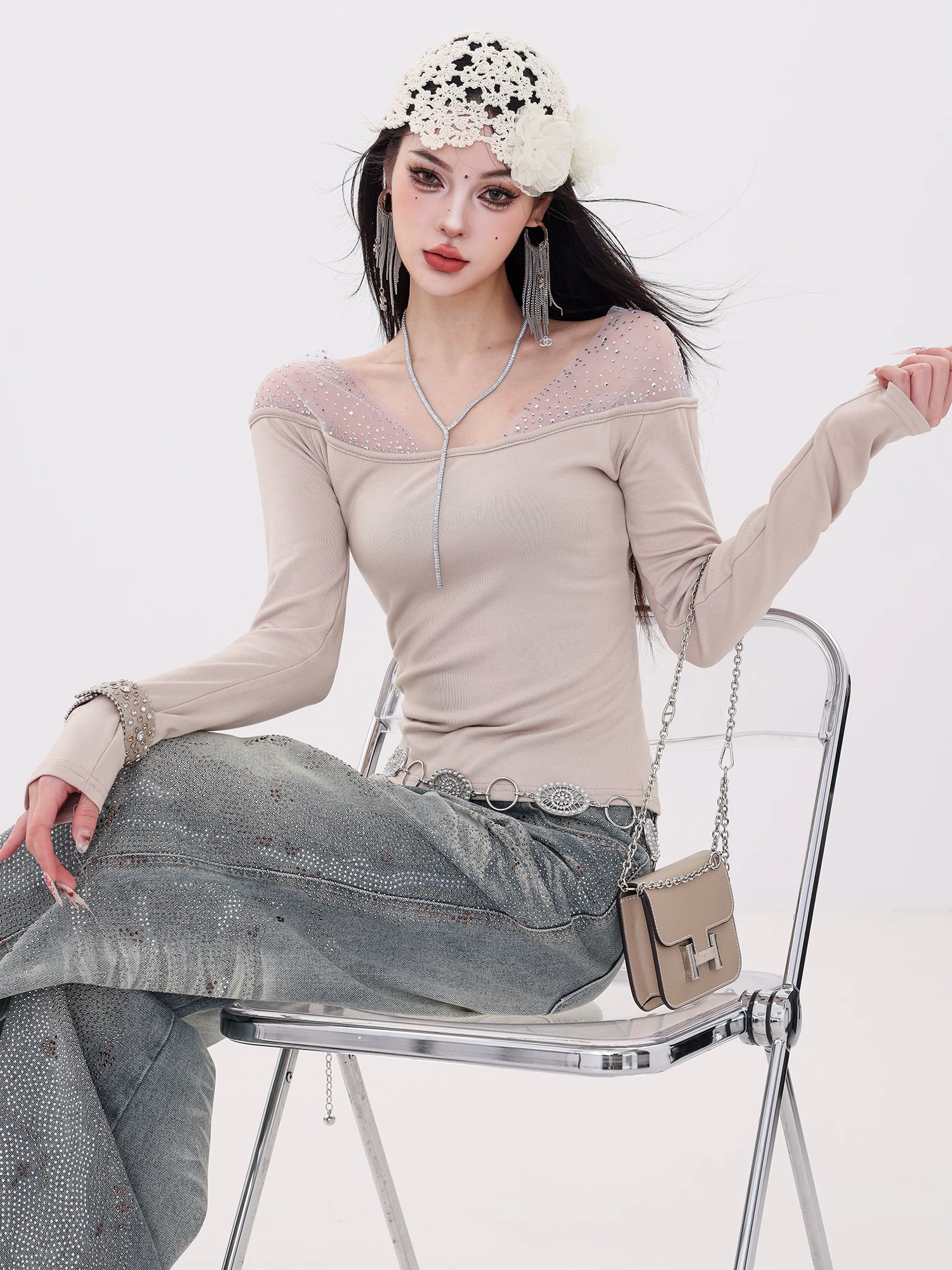 ABWLR Soft Yarn Shadow - Áo thun dài tay đính đá pha ren thiết kế nguyên bản dành cho nữ, áo nhẹ nhàng và độc đáo