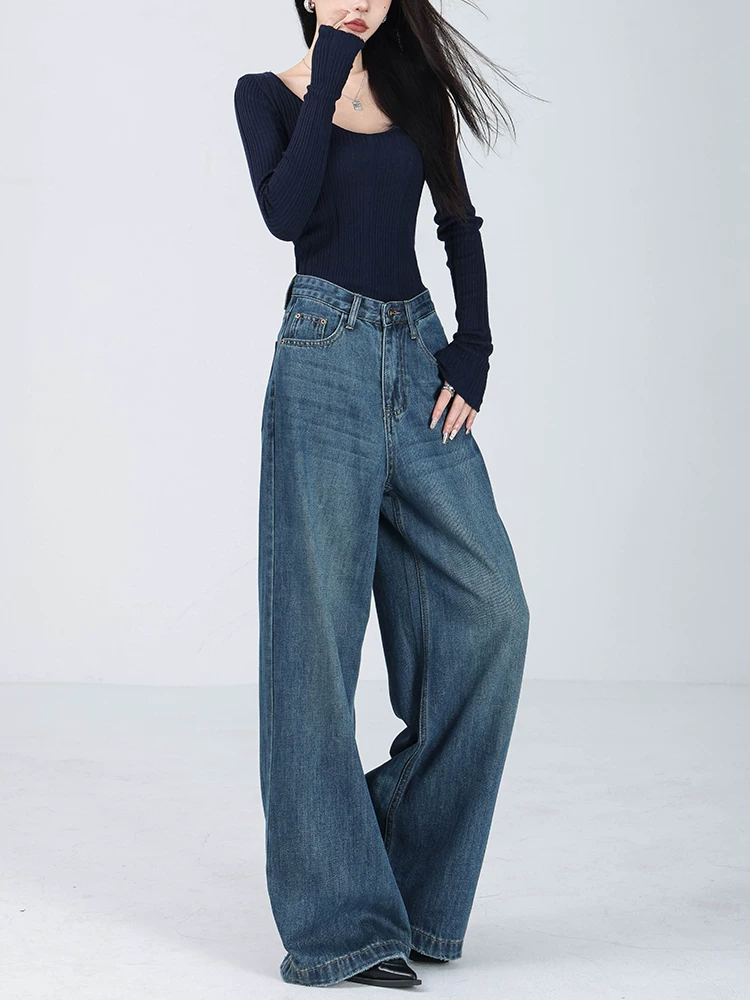 Quần jeans nữ ABWEAR 2025 kiểu Mỹ, chất liệu nỉ lót lông, màu xanh, dáng rộng, ống rộng, dài chấm đất, mùa thu đông mới