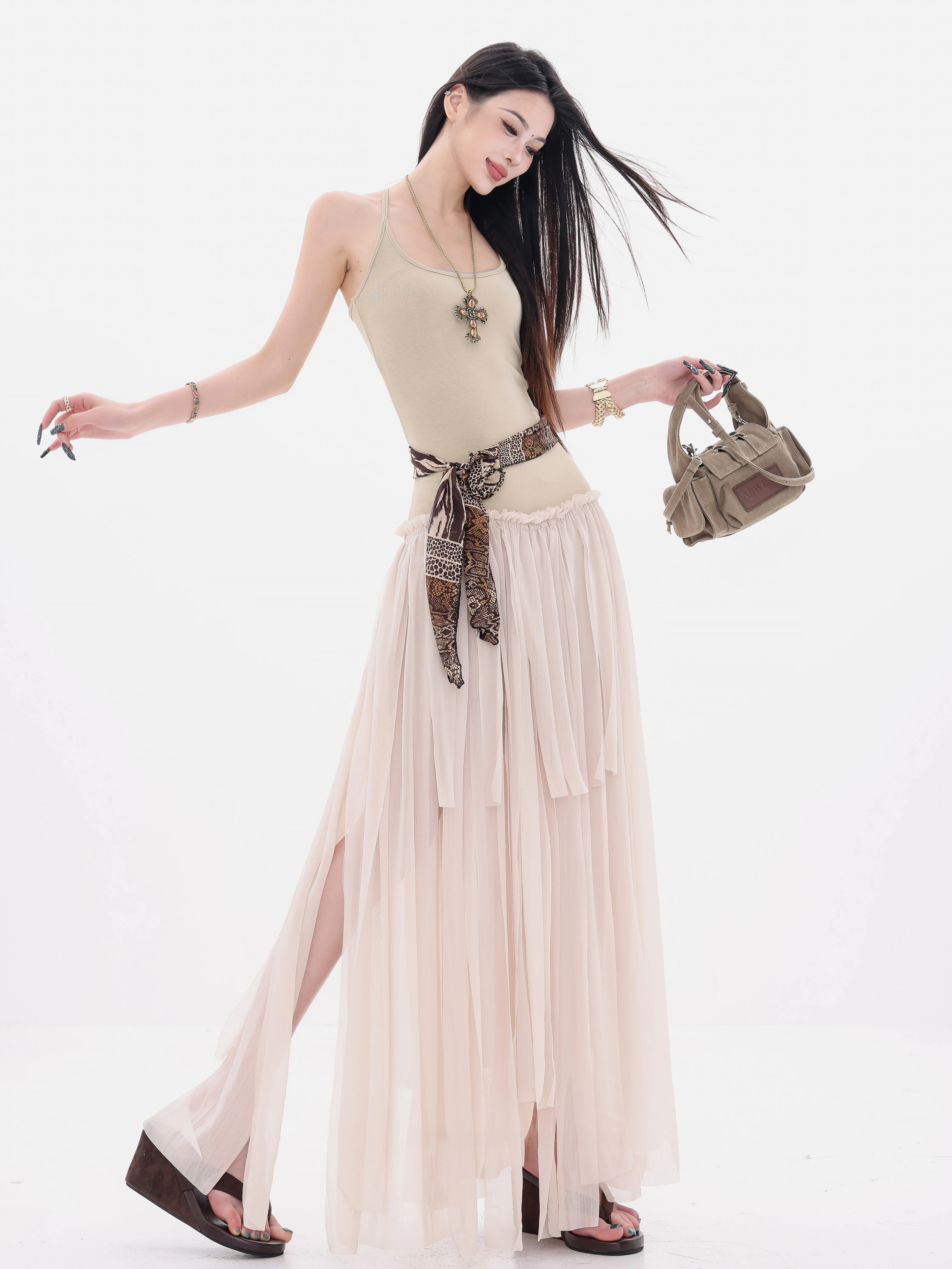 ABWEAR Inspiration Muse - Váy thiết kế ruy băng xếp ly không đều theo phong cách Hàn Quốc nguyên bản dành cho nữ, váy dài ôm eo