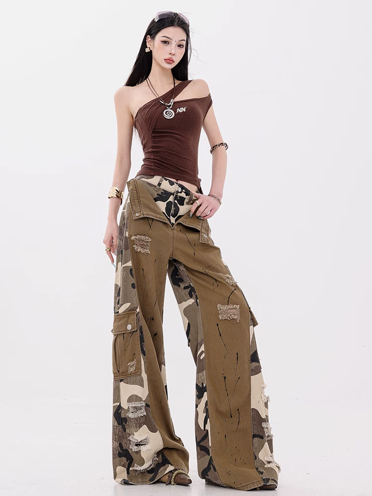 ABWEAR Fifth Street - Quần jean cargo phối họa tiết ngụy trang nguyên bản dành cho nữ, quần ống rộng dài ngang sàn giả hai mảnh