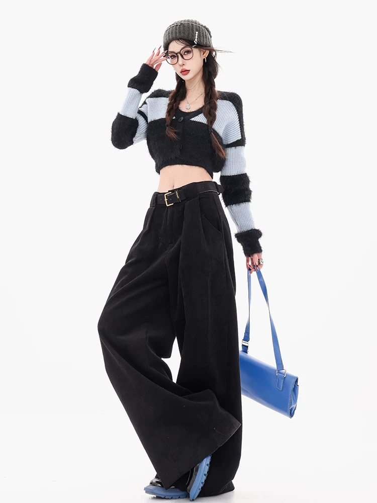 ABWEAR Wei Zhi Dongri - Quần ống rộng thường ngày bằng vải nhung đen nguyên bản dành cho nữ, Quần dài dáng rộng kiểu dáng mùa thu mới.