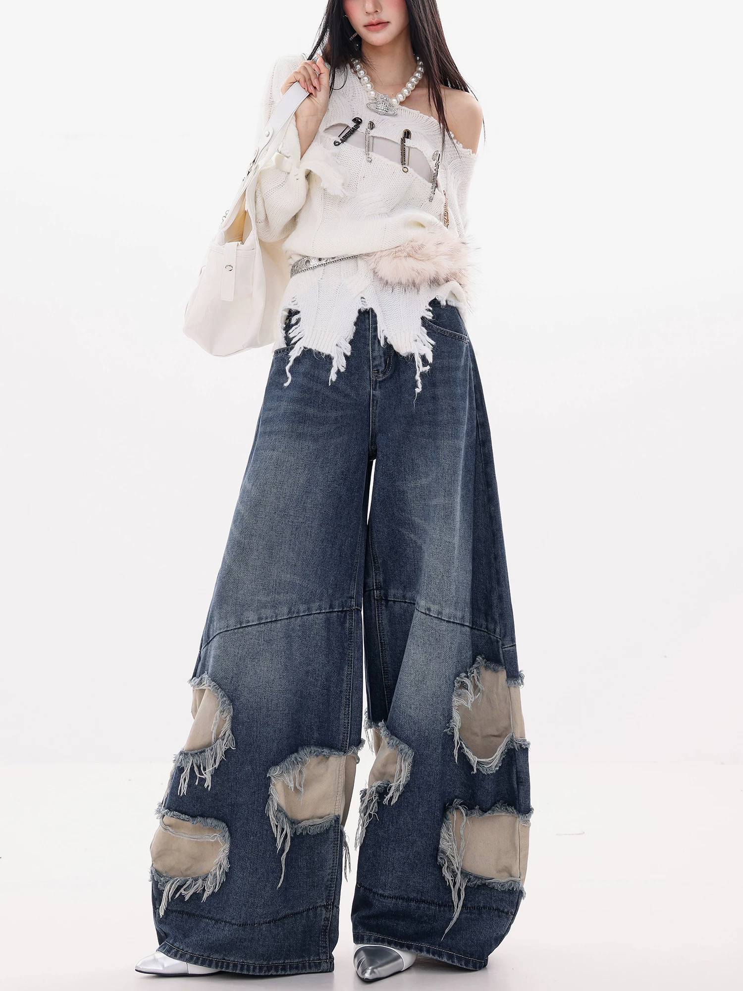 ABWLR Equatorial Coast-Original Blue Ripped Patchwork Jeans dành cho nữ mùa thu đông Quần ống rộng dáng rộng mới