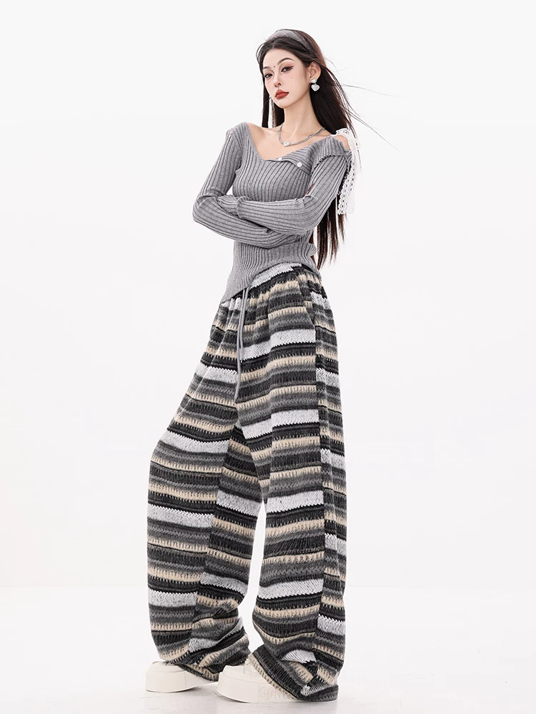 Quần ống rộng len dày kẻ sọc trà thông ABWEAR dành cho nữ Thu/Đông 2025, lưng thun, dáng thẳng