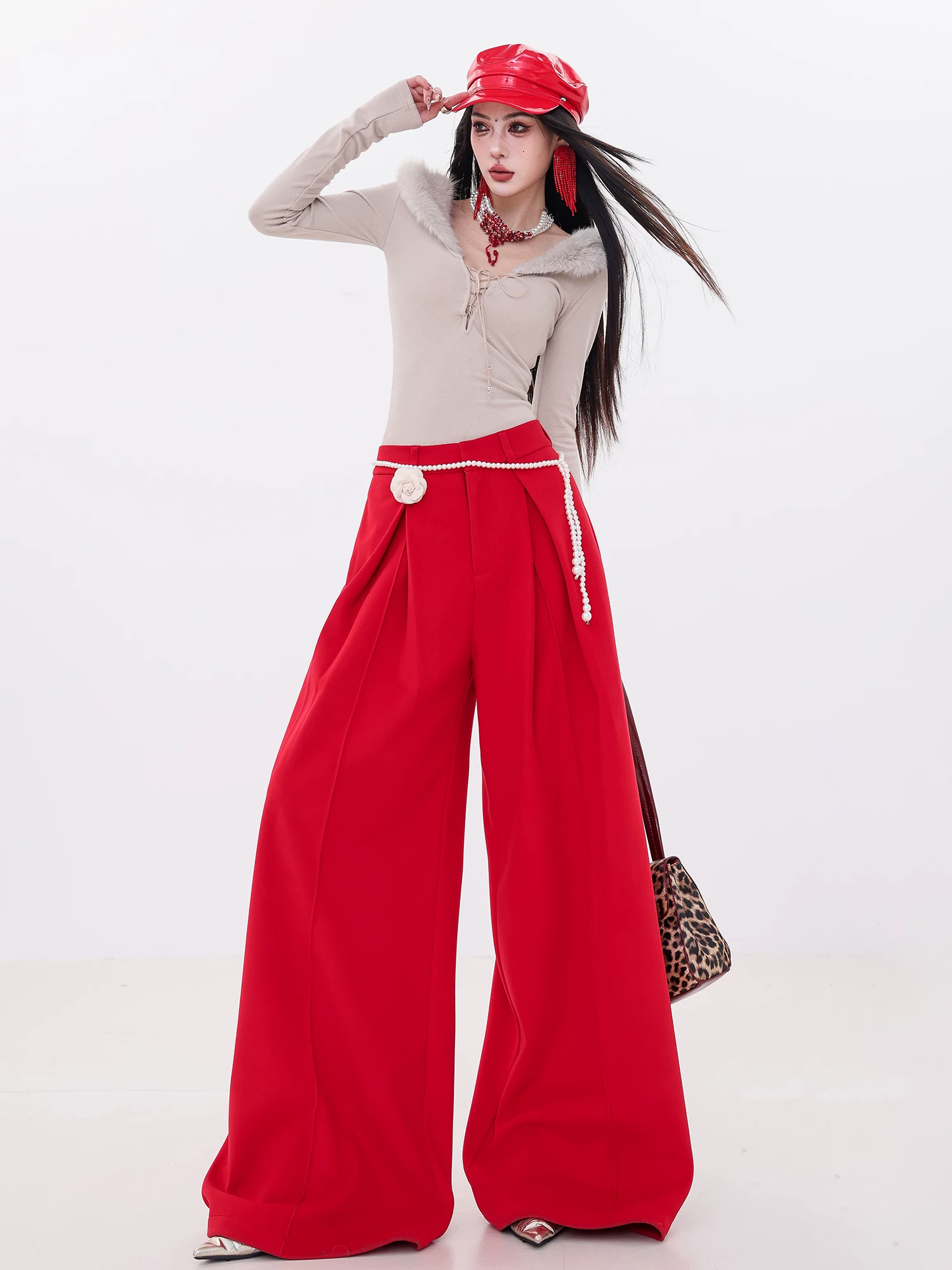 Bộ sưu tập năm mới của ABWLR - Quần ống rộng xếp ly dày dặn mùa đông nguyên bản dành cho nữ với hiệu ứng xếp nếp và thiết kế ống thẳng rộng rãi