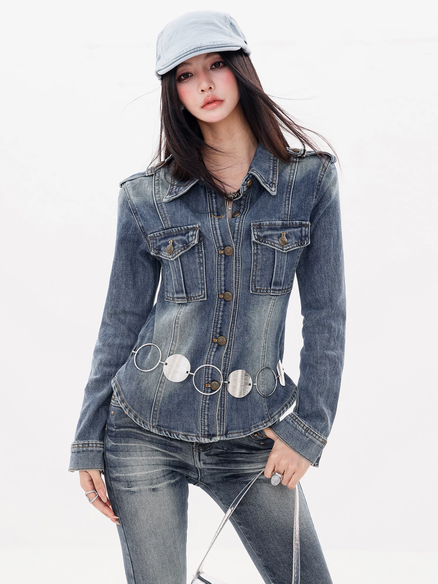 ABWLR Victoria Harbor Memory - Áo khoác denim có ve áo màu xanh nguyên bản dành cho nữ, áo sơ mi ngắn vừa vặn mới dành cho mùa thu đông
