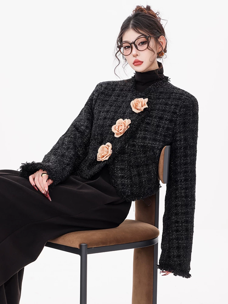 ABWEAR Fragrant Rose - Áo khoác ngắn phong cách Trung Hoa nguyên bản dành cho nữ, phong cách mới mùa thu đông, áo dài tay trang trí hoa hồng