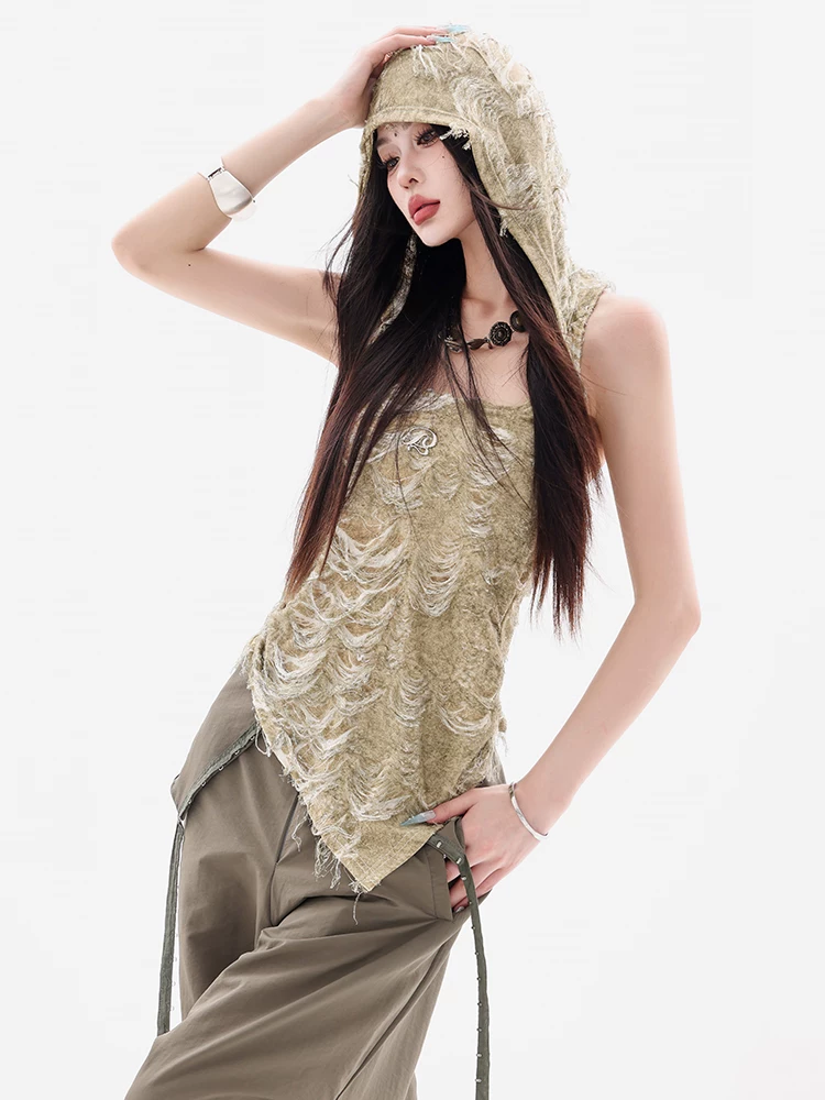 ABWEAR Shibuya Heat Wave - Áo vest có mũ trùm đầu thiết kế bất đối xứng theo phong cách đất hoang nguyên bản dành cho nữ với tua rua ôm eo
