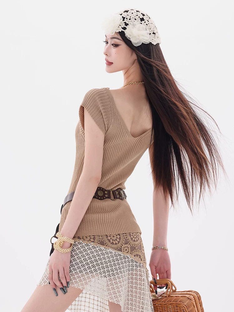 Quy tắc giản dị của ABWEAR - Áo thun ngắn tay dệt kim phong cách Hàn Quốc nguyên bản dành cho nữ, áo thun đa năng dáng ôm vừa vặn mùa hè mới