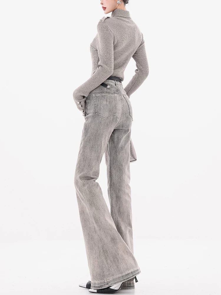 Quần jeans xòe màu xám lót lông cừu ABWEAR Daytime Fantasy dành cho nữ, thu đông 2025, cạp cao, dáng ôm, kiểu chuông
